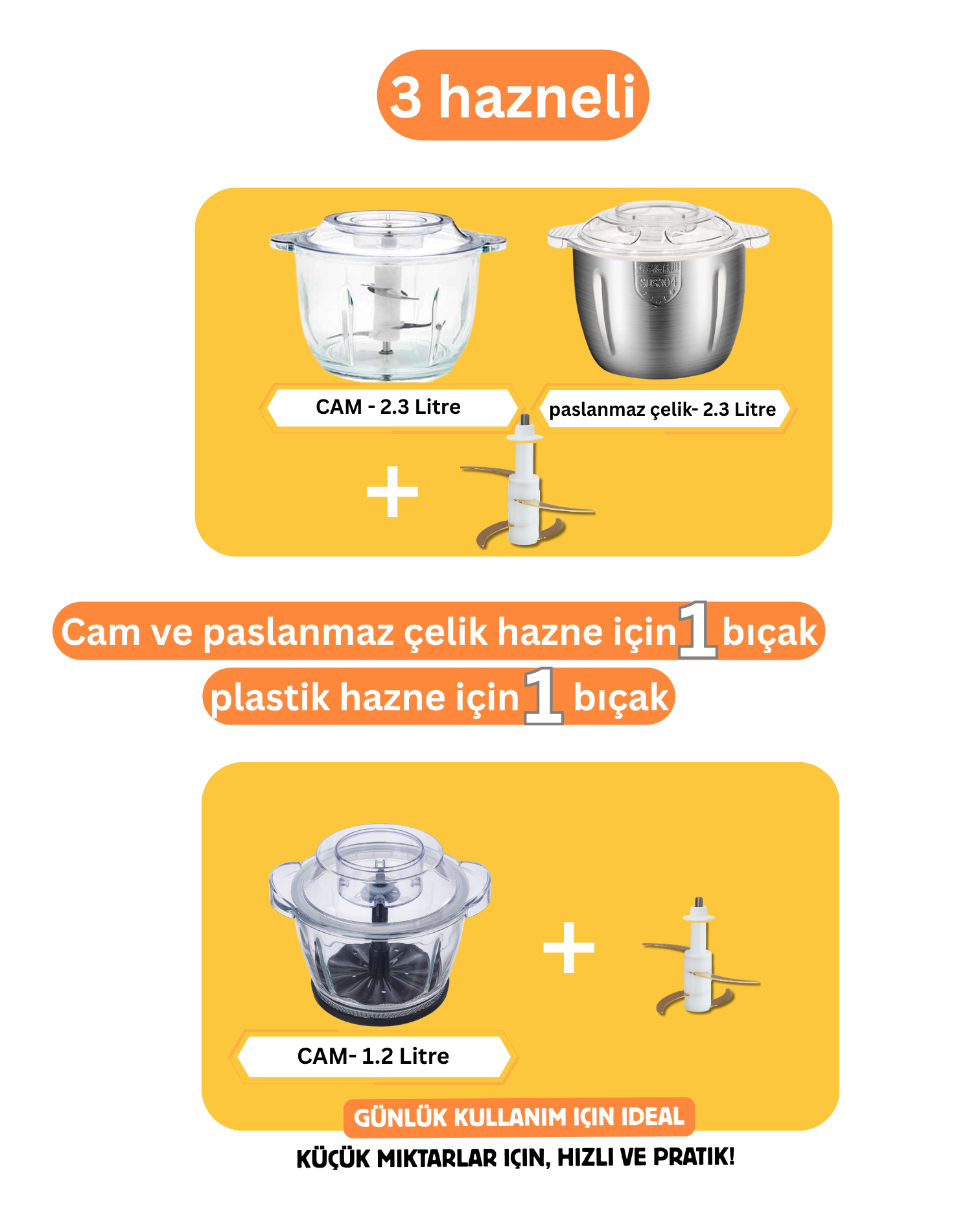 Üç mutfak robotu haznesi: 2,3L cam, 2,3L paslanmaz çelik ve 1,2L cam.