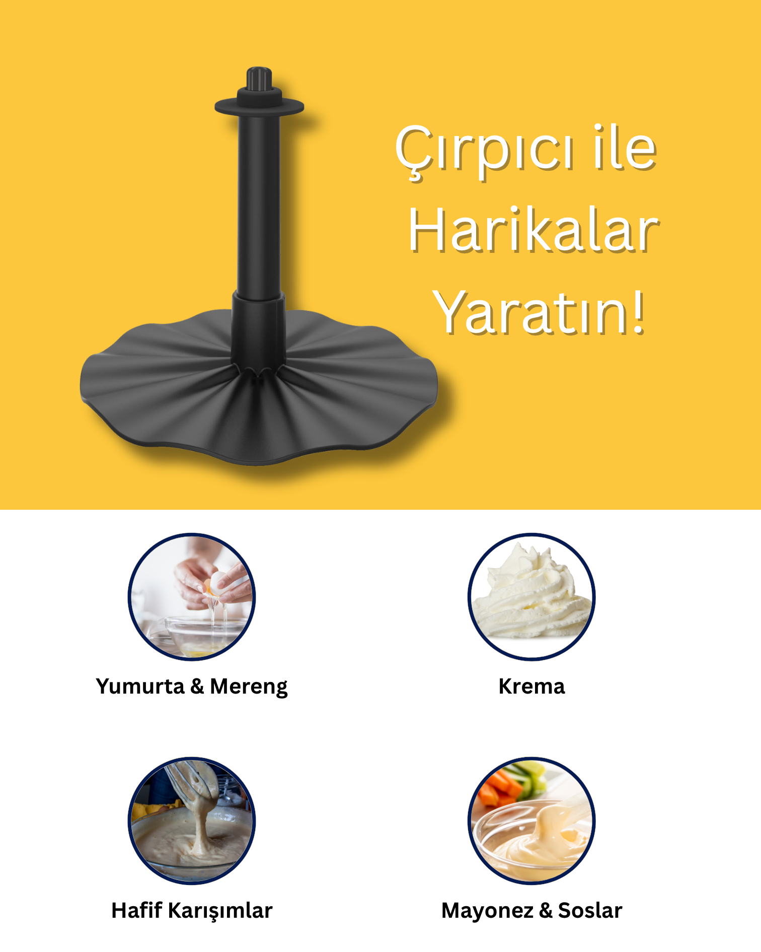 Çatlatılmış yumurta, krema, hamur ve mayonezli siyah mutfak aleti.