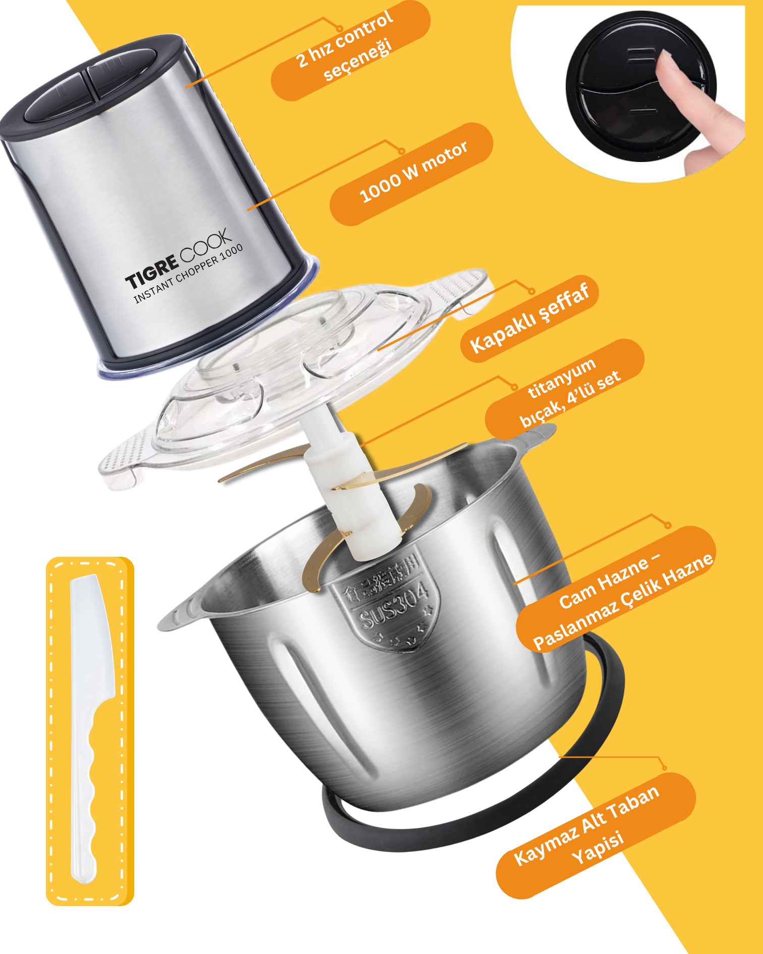 Tigre Cook doğrayıcı 1000W, 2 hız, cam/çelik hazne, kapak, bıçaklar ve kaymaz taban.