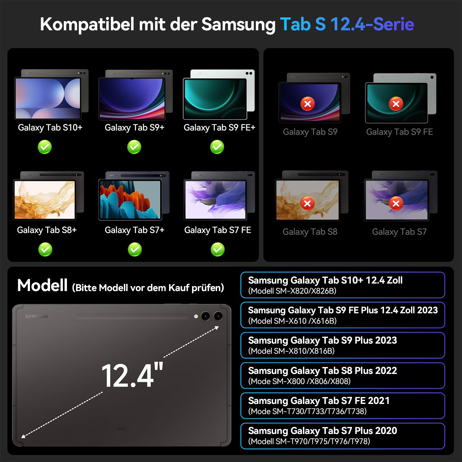 Kompatibilitätstabelle für Samsung Tab S 12.4 Serie mit Modellen und Prüfzeichen.
