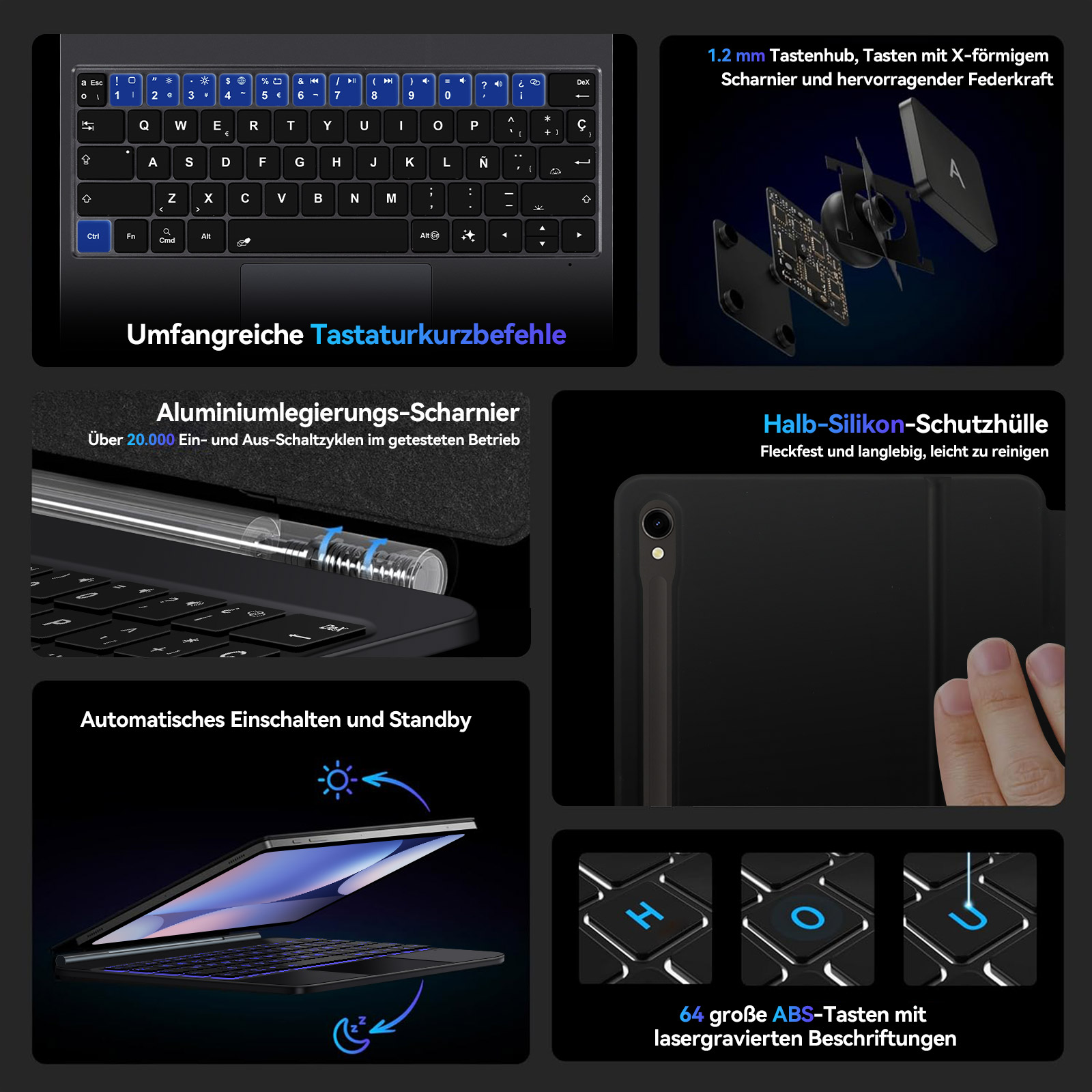 Eine Tastatur mit alphanumerischen Tasten, einem Touchpad und einem Scharnier.
