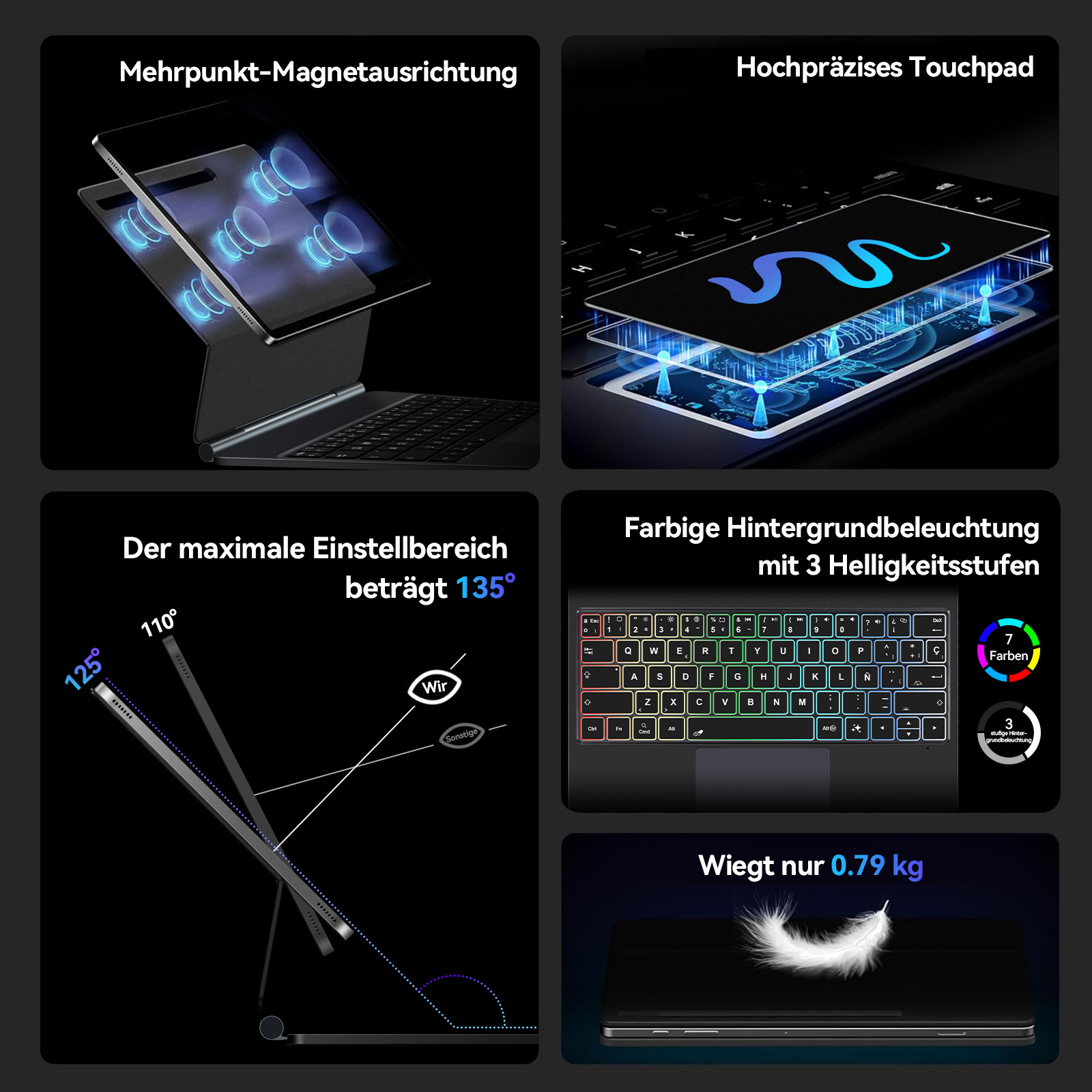 Ein Tablet mit Tastatur, das magnetisch befestigt wird, Touchpad, einstellbarer Winkel, Hintergrundbeleuchtung, geringes Gewicht.