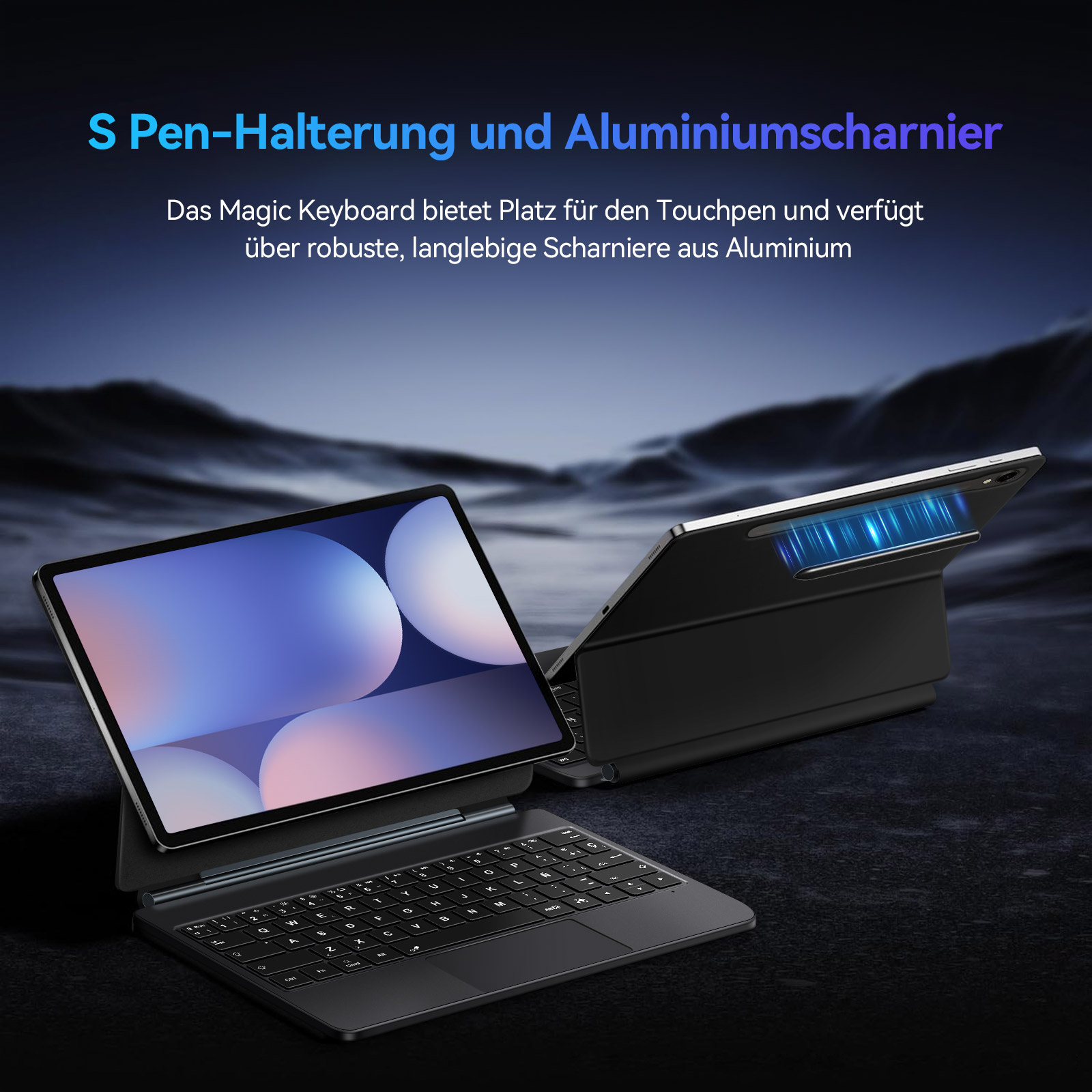 Ein schwarzes Tablet mit Tastatur und Stifthalterung. Aluminiumscharnier.