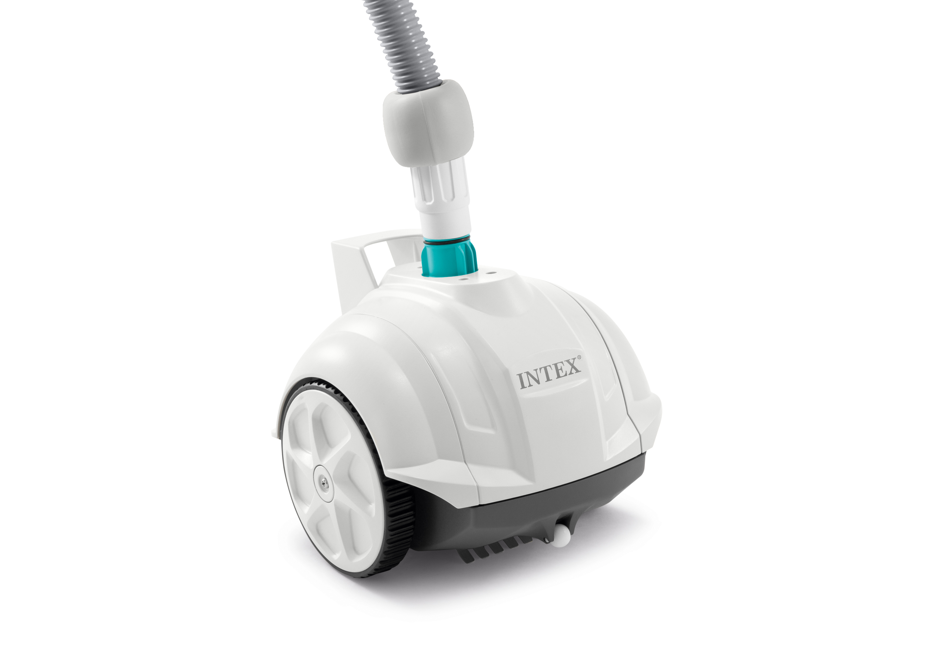 Pulitore bianco per piscina con ruote e attacco tubo, logo Intex.