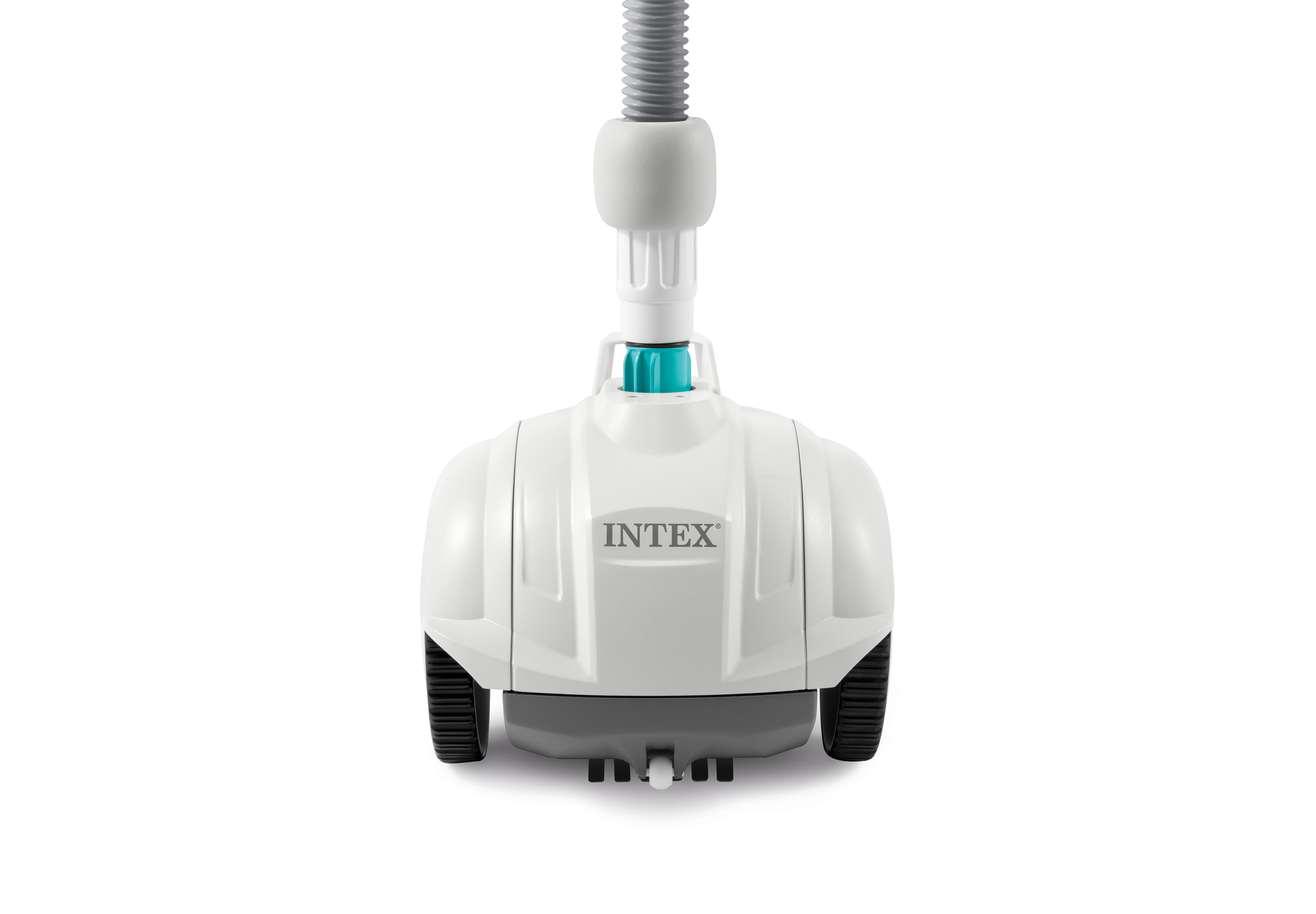 Un pulitore per piscina Intex bianco con ruote e attacco per tubo.
