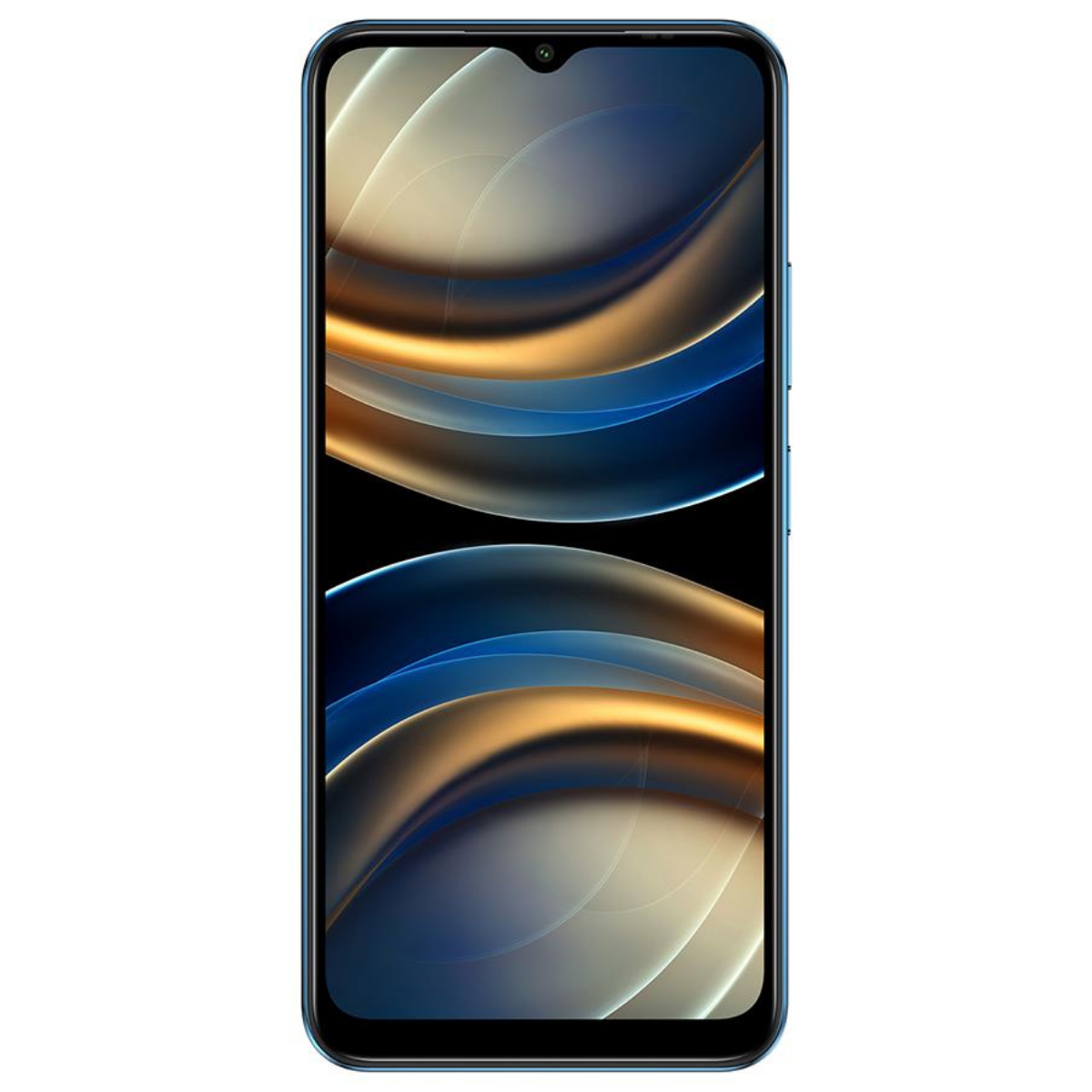 Çentikli, dalgalı duvar kağıdı gösteren mavi akıllı telefon.