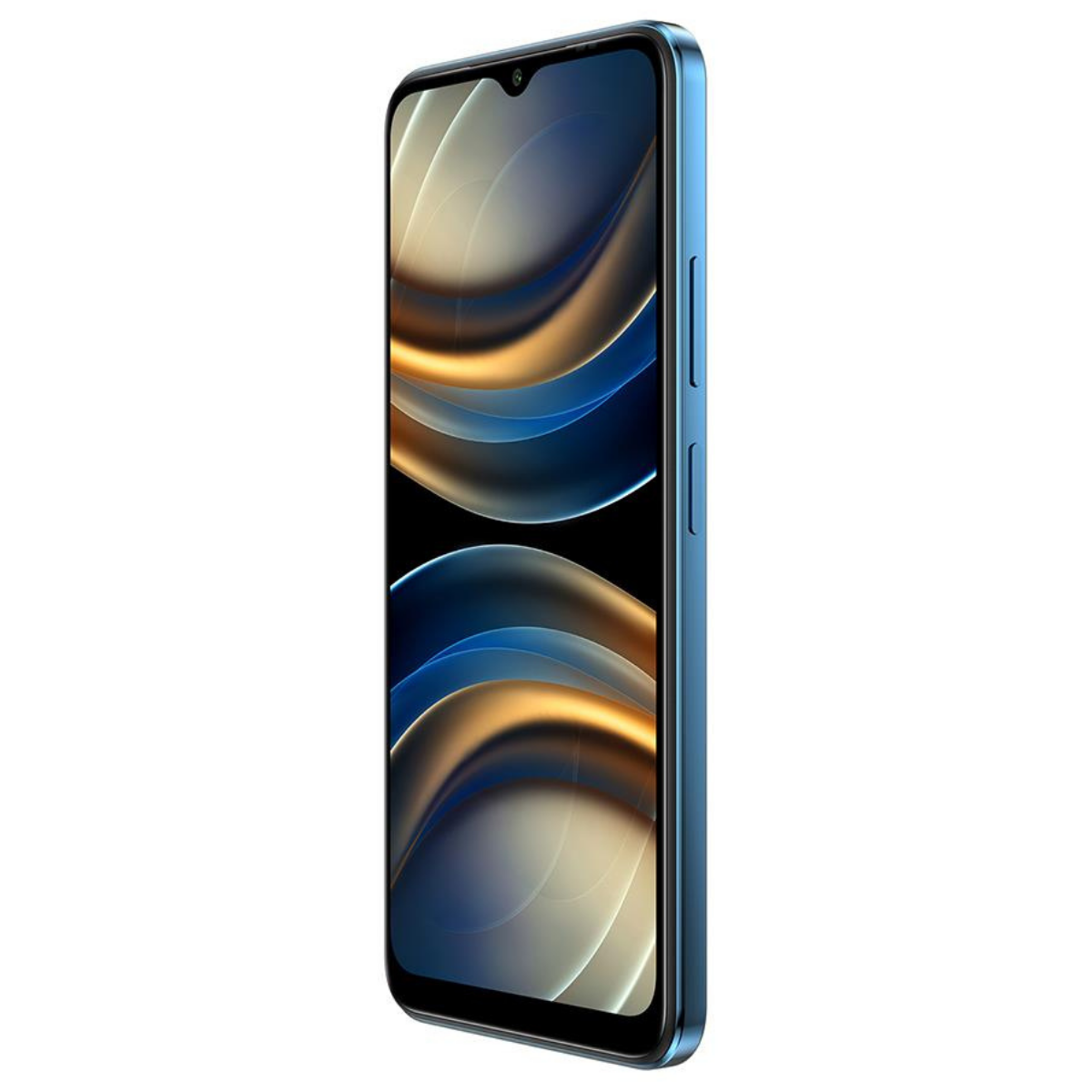 Damla şeklinde çentikli ve soyut arka planlı mavi bir akıllı telefon.