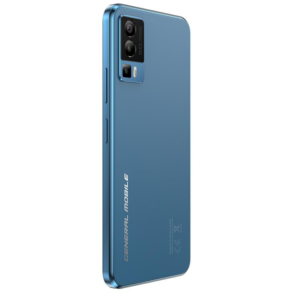 Arkada 50MP kamerası olan mavi bir General Mobile akıllı telefon.