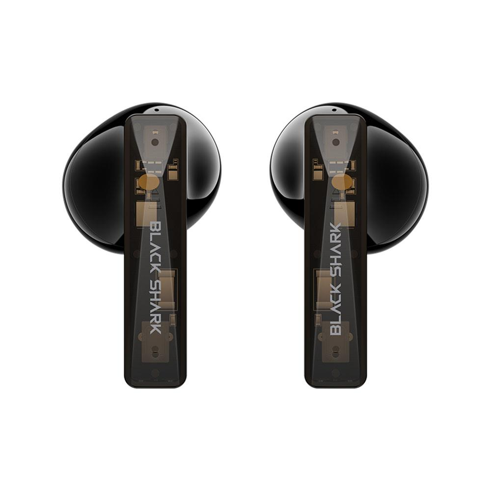 Due auricolari wireless neri con steli trasparenti e logo 'BLACK SHARK'.