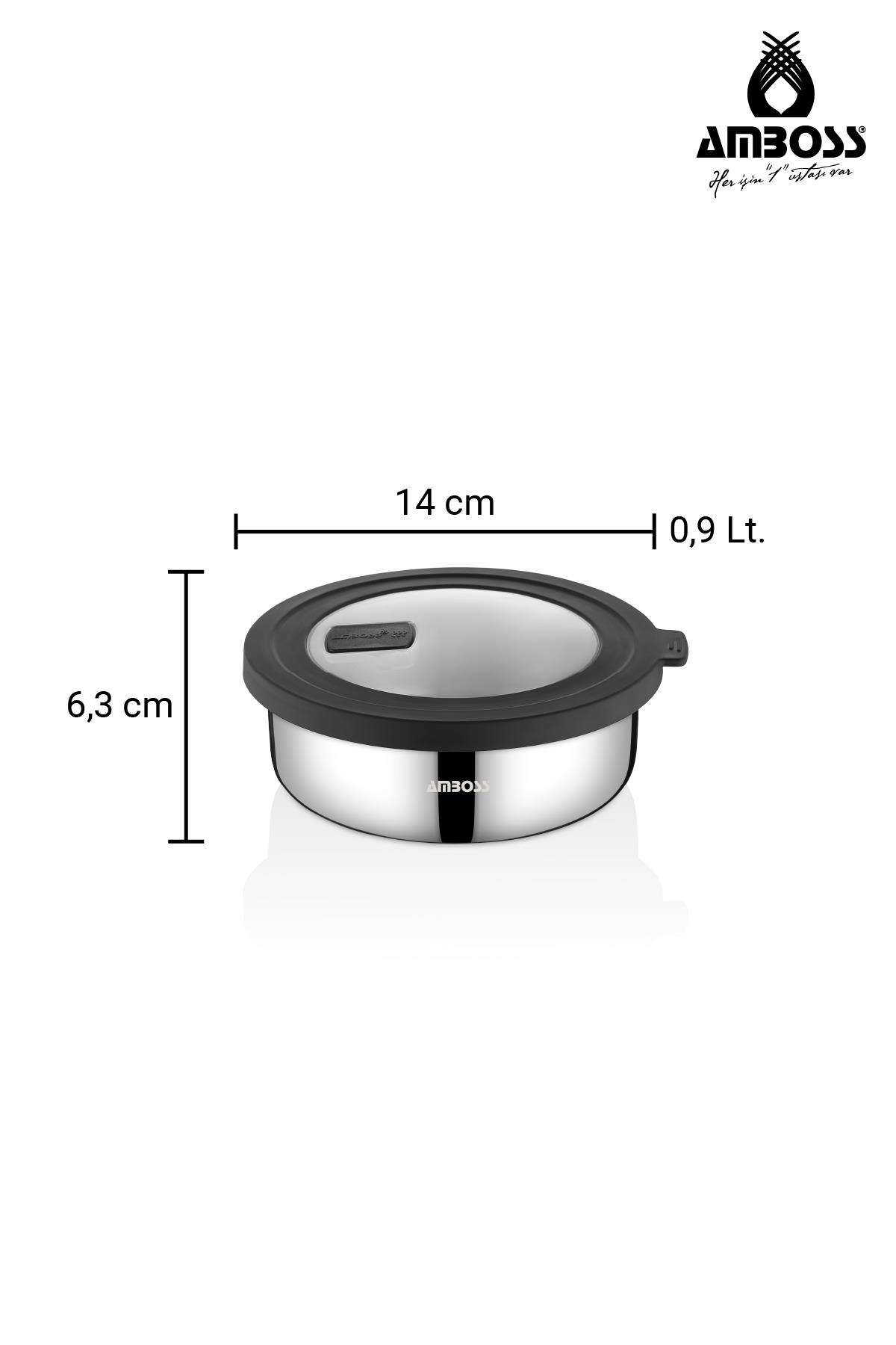 14 cm genişliğinde, 6,3 cm yüksekliğinde, 0,9 lt paslanmaz çelik kap, siyah kapaklı.