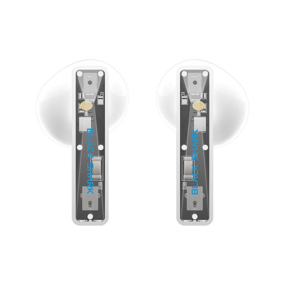 Due auricolari wireless bianchi con steli trasparenti che mostrano l'elettronica interna.