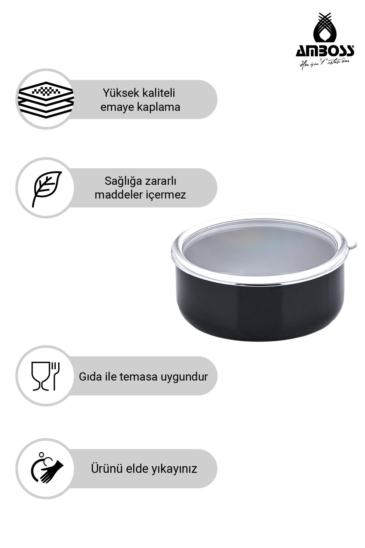 Kapalı siyah kap, emaye, güvenlik ve elde yıkama etiketleri.