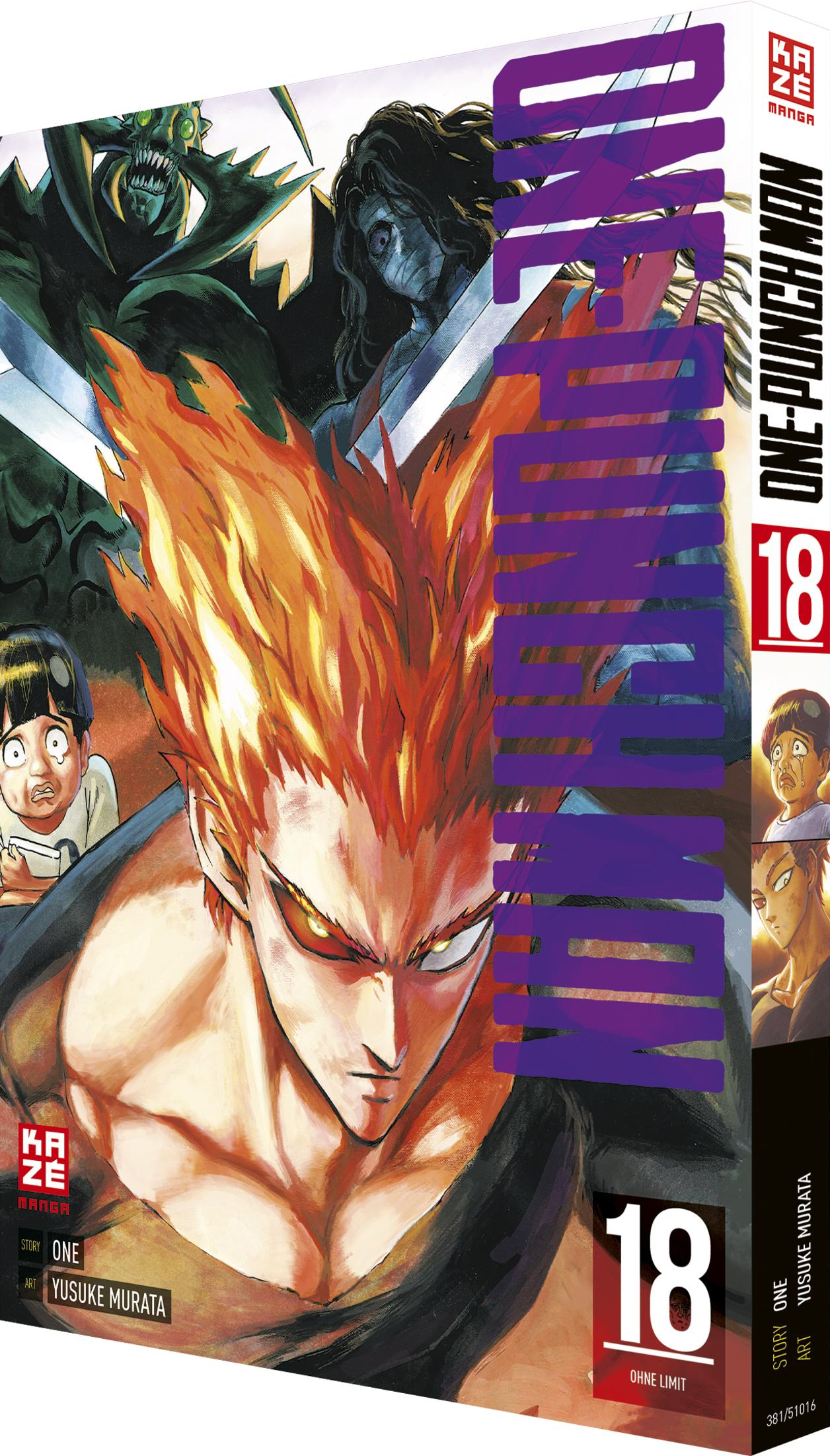 Un homme aux cheveux roux au premier plan, des monstres et un garçon au-dessus. Couverture manga.