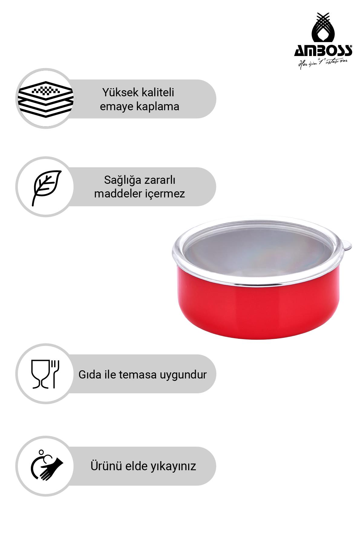 Kırmızı kapaklı kap. Yüksek kaliteli emaye, zararsız, gıdaya uygun, elde yıkanır.