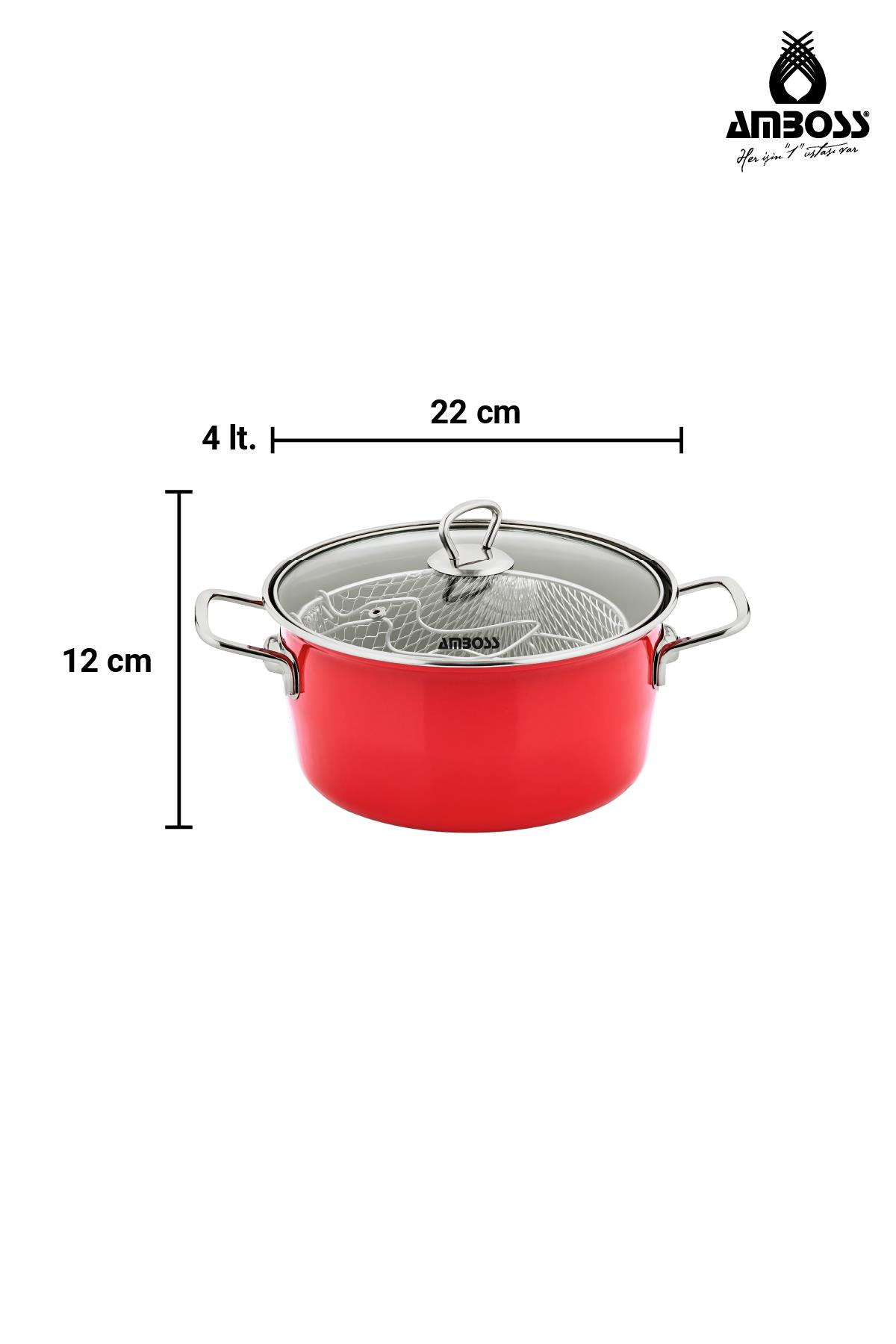Kırmızı Amboss tencere kapaklı, 22cm en, 12cm yükseklik, 4lt hacim.