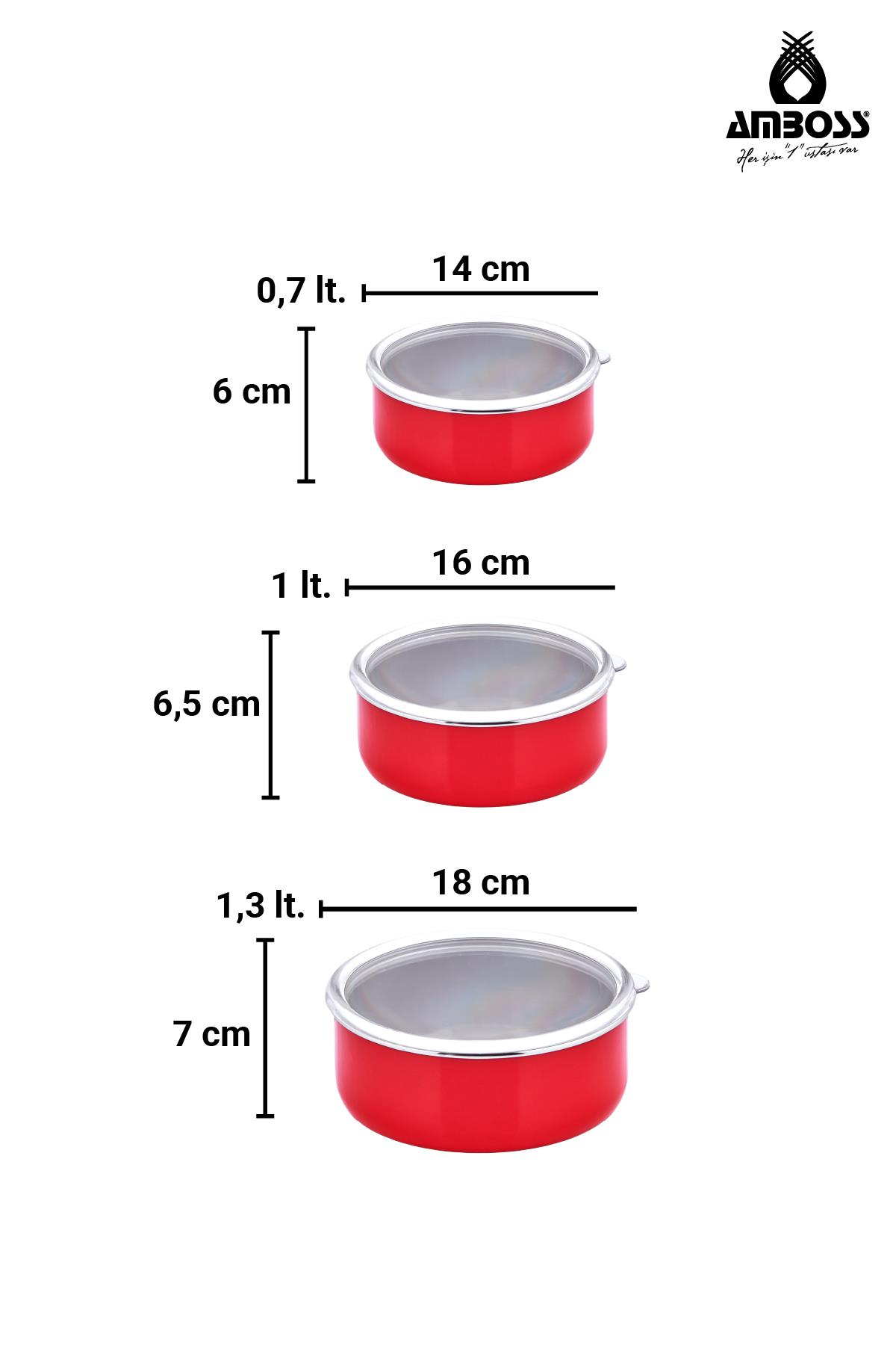 Şeffaf kapaklı üç kırmızı tencere. Boyutlar: 0,7L (14cm çap, 6cm y), 1L (16cm çap, 6,5cm y), 1,3L (18cm çap, 7cm y).
