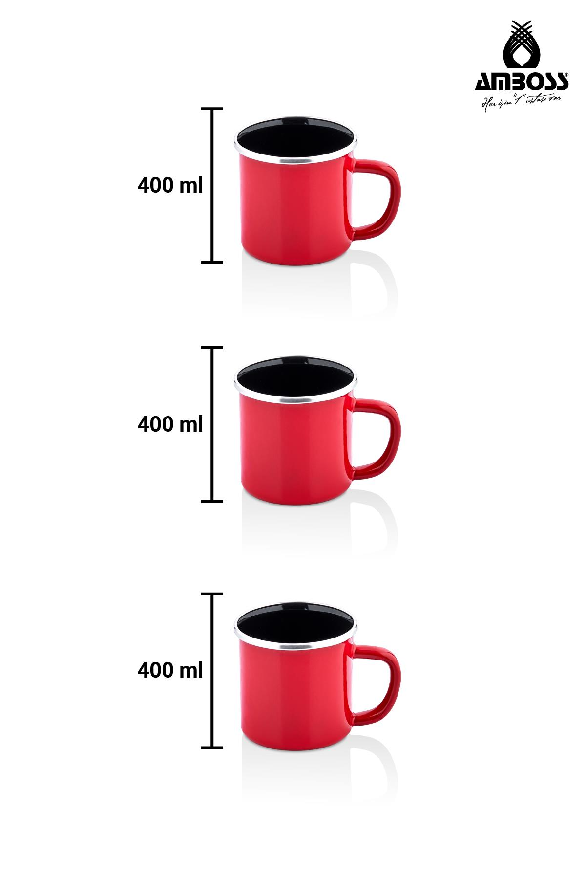 Siyah kenarlı ve kulplu üç kırmızı emaye kupa, 400ml kapasite.
