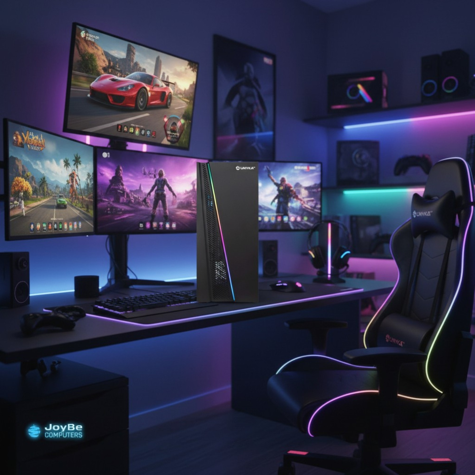 Una configuración de juego con múltiples monitores, un PC, una silla y luces RGB.