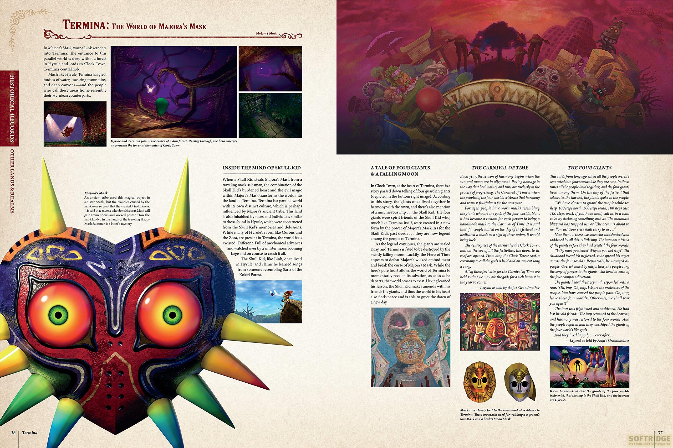 Gros plan du Masque de Majora avec des yeux rouges et des cornes, entouré de texte.