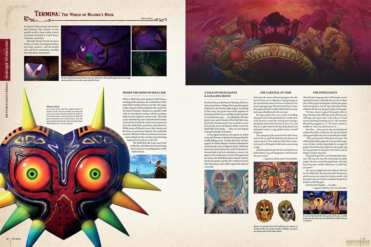 La page montre le monde de Majora's Mask. À gauche le masque, à droite la carte de Termina.