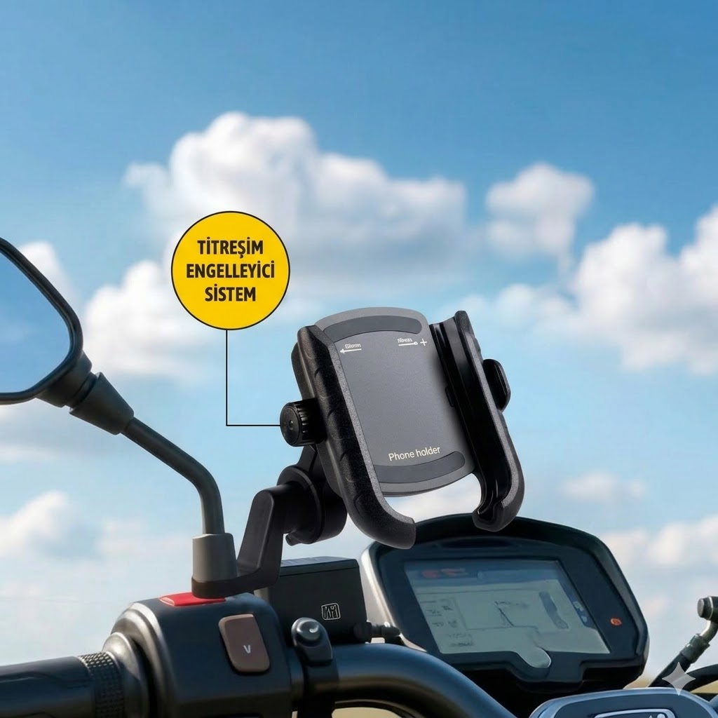 Gösterge panelinde titreşim önleyici özellikli motosiklet telefon tutucu, mavi gökyüzü.