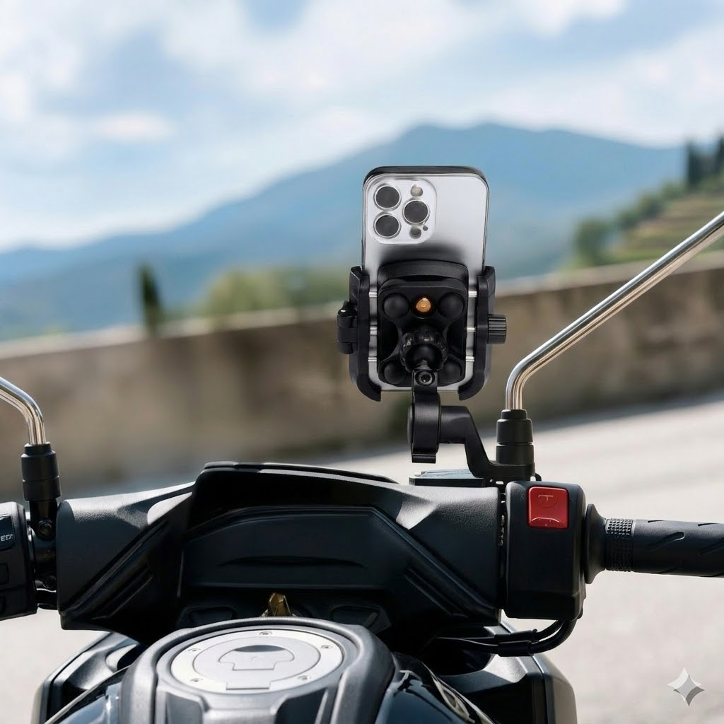 Dağ manzaralı motosiklet gidonunda bir akıllı telefon tutucu.