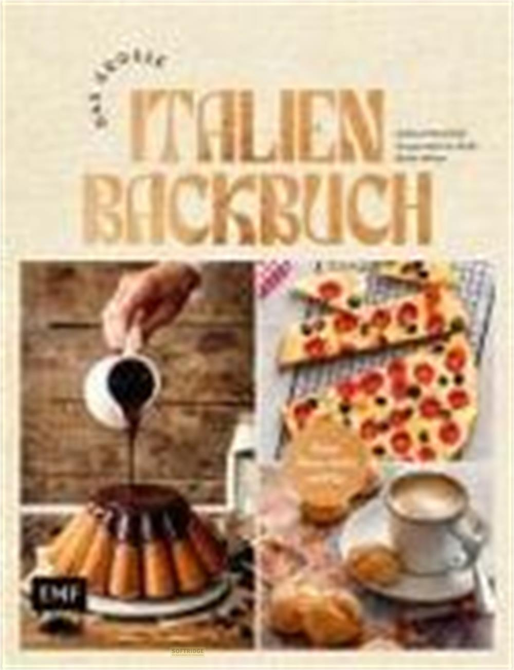 Libro di cucina "Libro di pasticceria italiano" con torta, pizza e caffè.