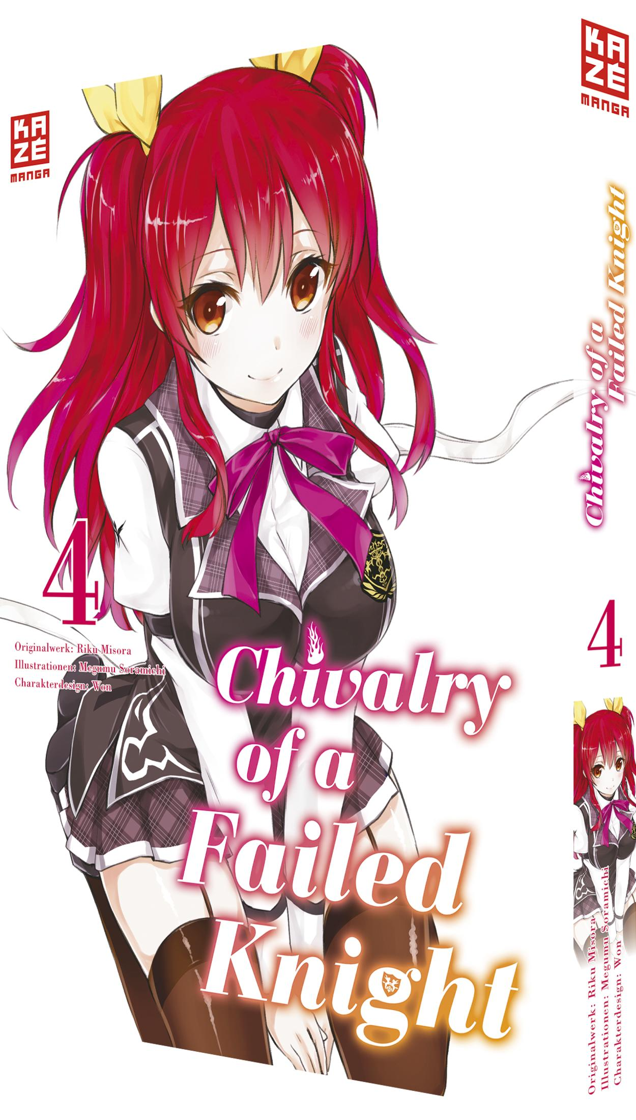 Couverture d'anime avec une fille aux cheveux rouges, titre 'Chivalry of a Failed Knight'.