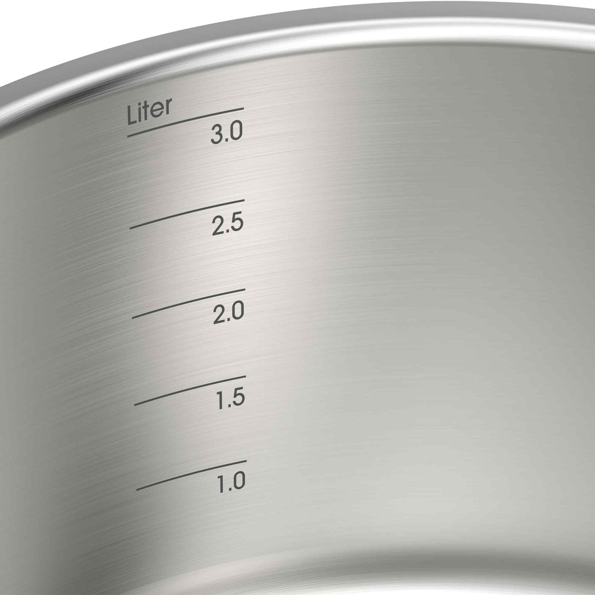 Edelstahlbehälter mit Literangaben: 1,0, 1,5, 2,0, 2,5, 3,0.