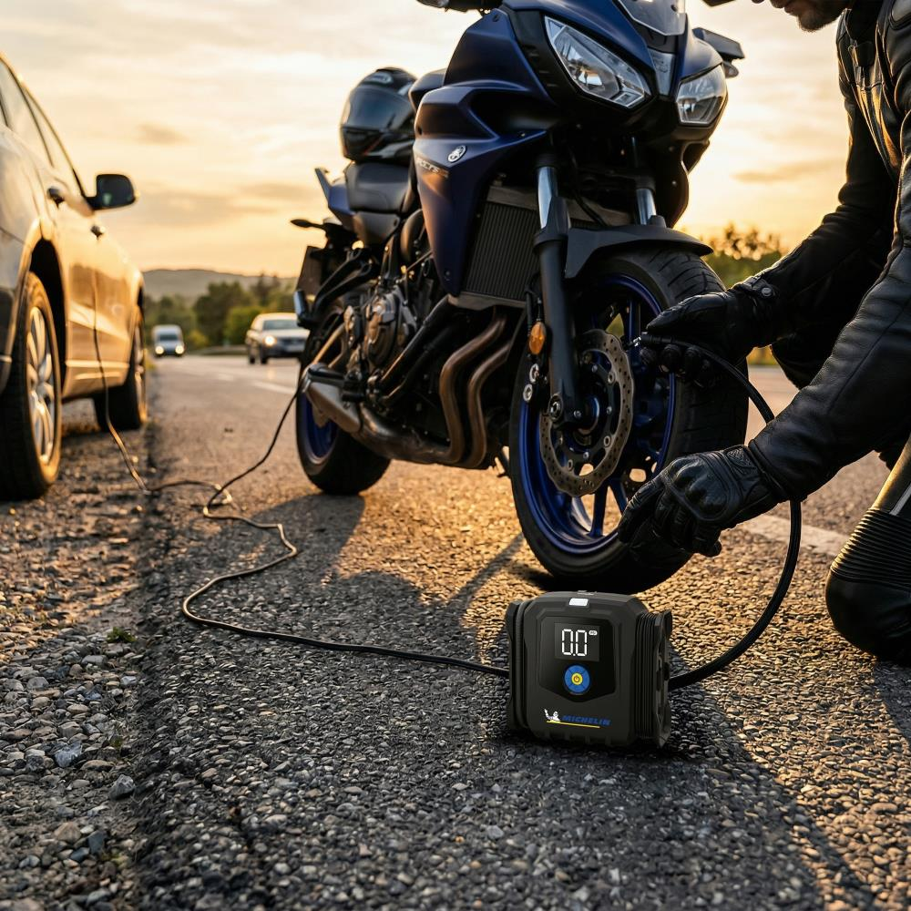 Adam yol kenarında bir arabanın yanında motosiklet lastiğini şirip dolduruyor.