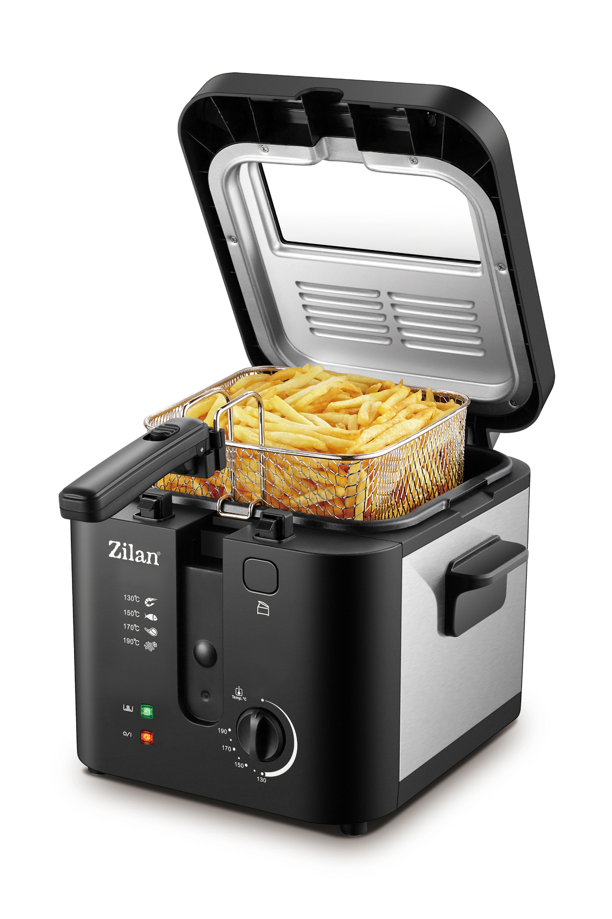 Metal sepette altın rengi patates kızartmasıyla dolu siyah Zilan fritöz. Kapak açık.