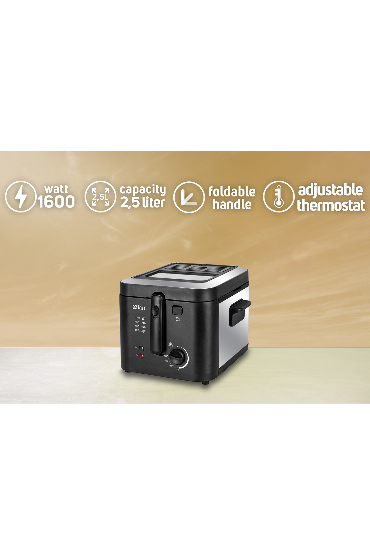 1600W, 2,5L kapasiteli, katlanabilir saplı, ayarlanabilir termostatlı siyah fritöz.
