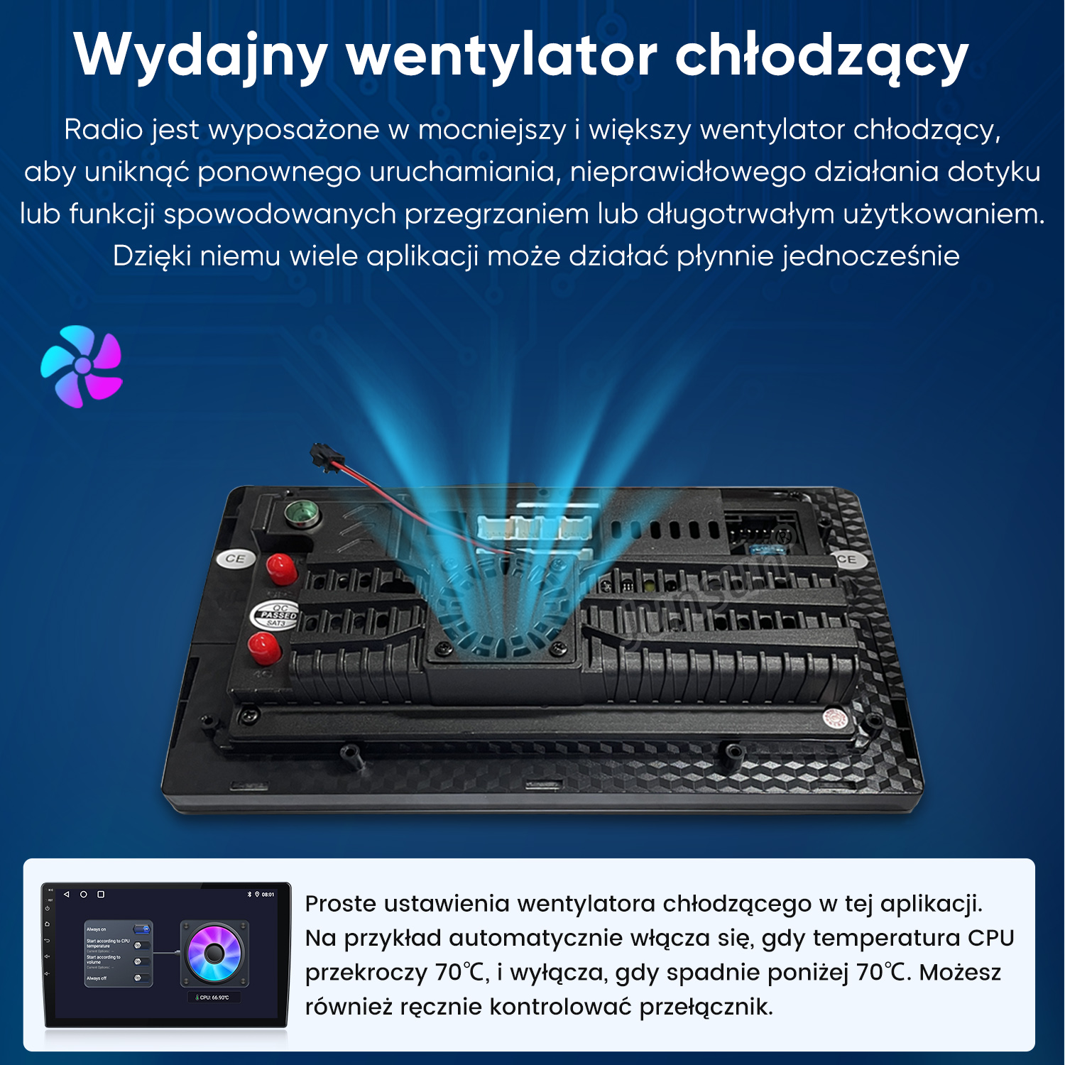 Tył radia samochodowego z wentylatorem i radiatorami, ekran pokazuje kontrolę wentylatora.