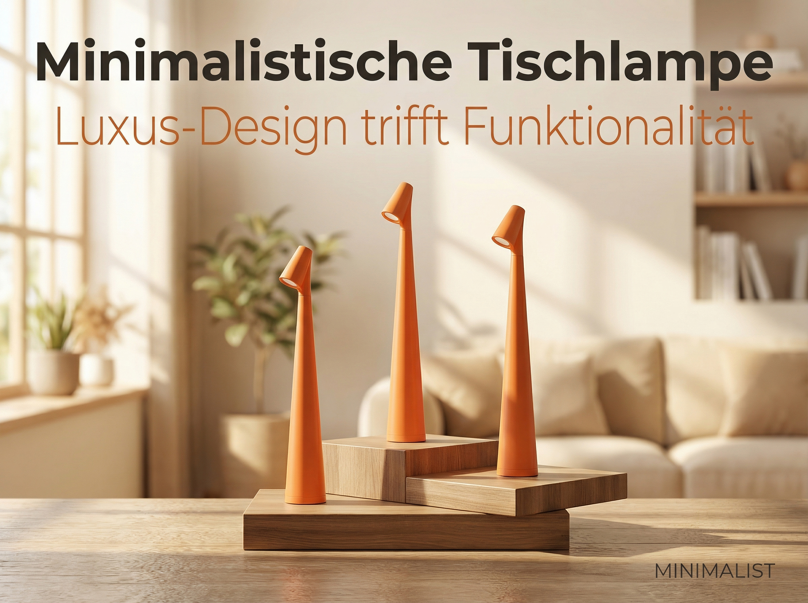 Drei orangefarbene Lampen stehen auf Holzquadern in einem hellen Raum.
