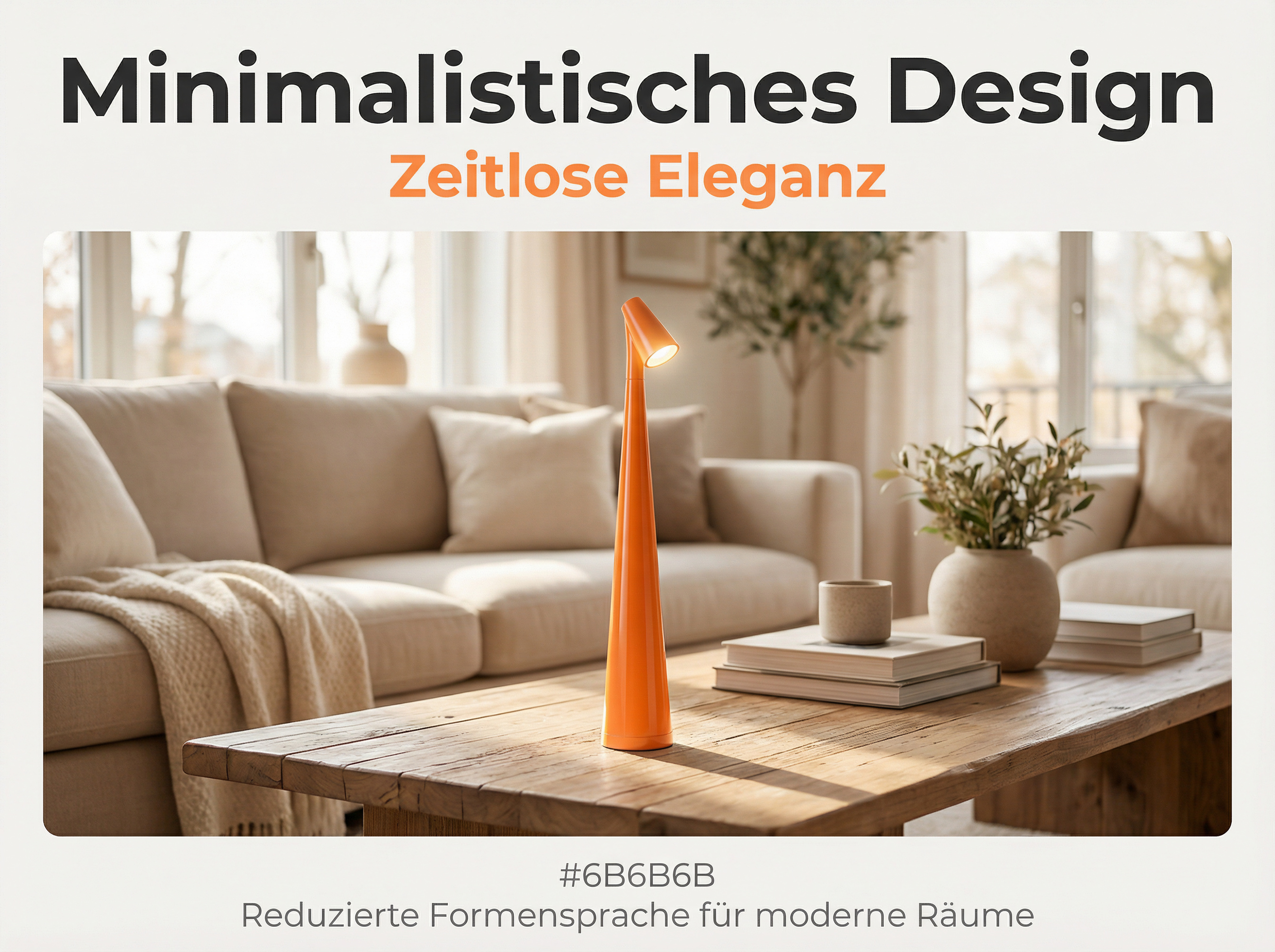 Eine orange Lampe auf einem Holztisch vor einem Sofa.