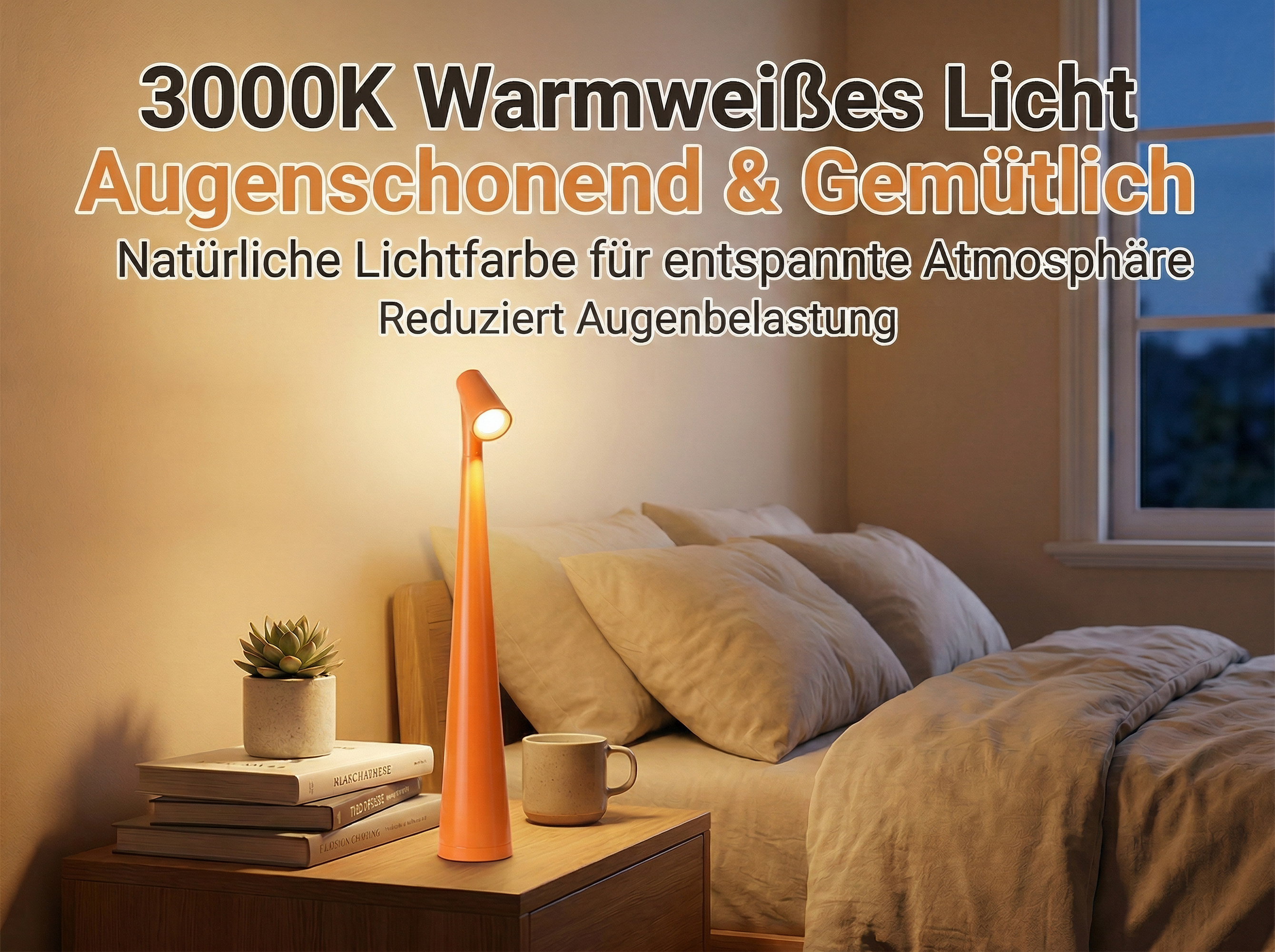 Orange Lampe auf Nachttisch neben Bett mit Büchern, Pflanze und Tasse.