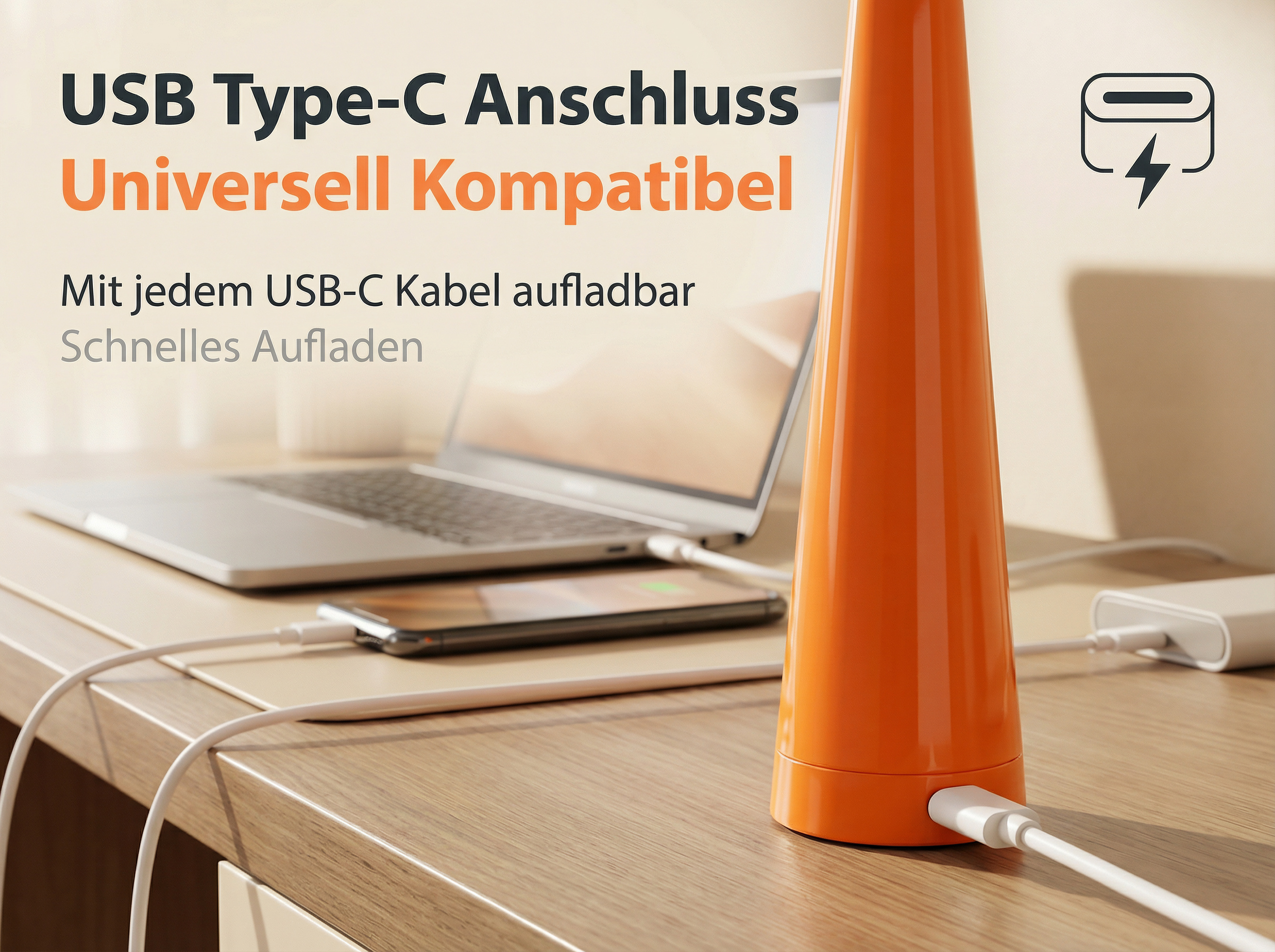 Orange Lampe mit USB-C-Anschluss lädt Laptop und Handy auf.