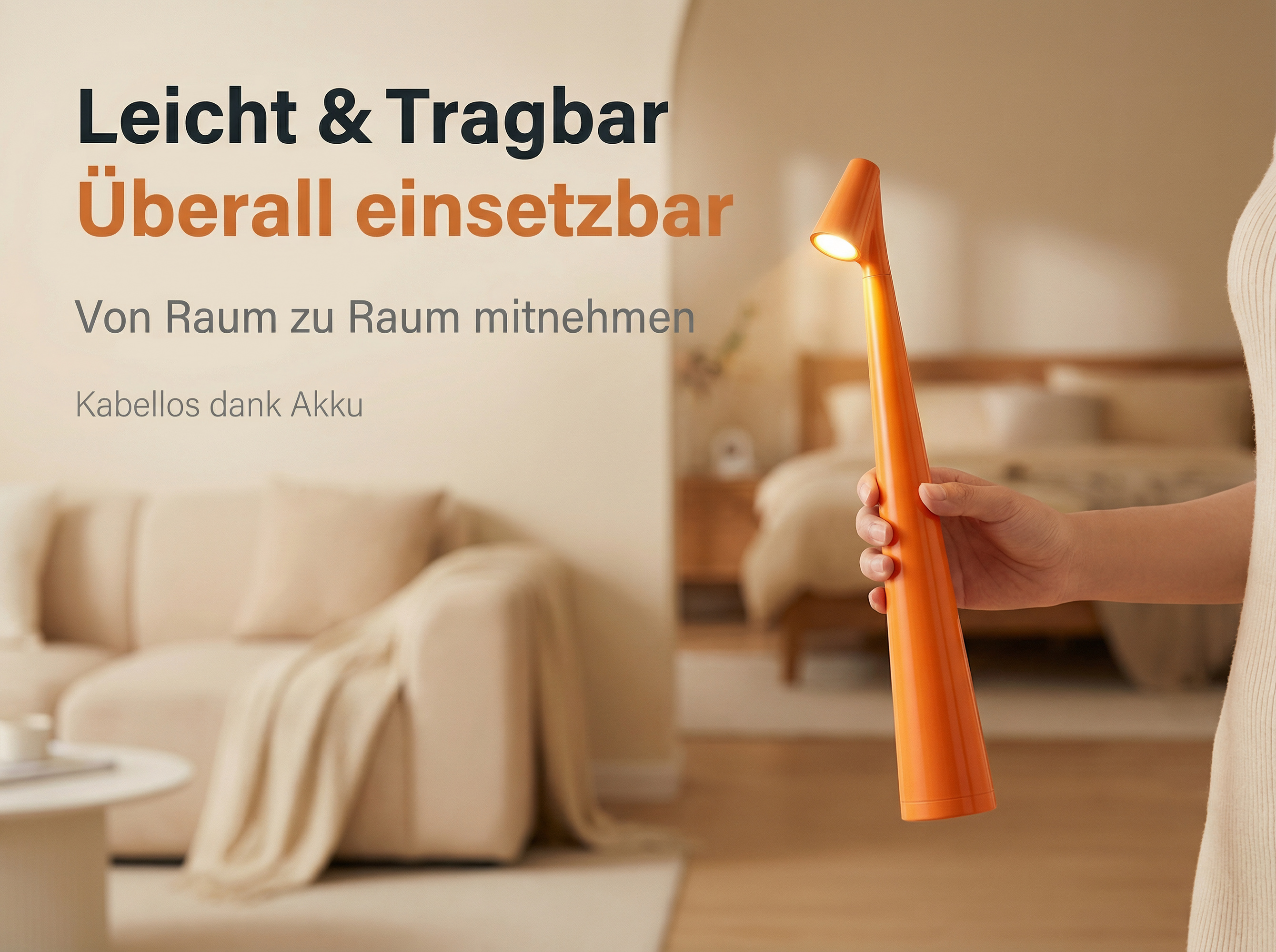 Eine orange Lampe wird in einem Wohnzimmer gehalten, mit einem Sofa im Hintergrund.