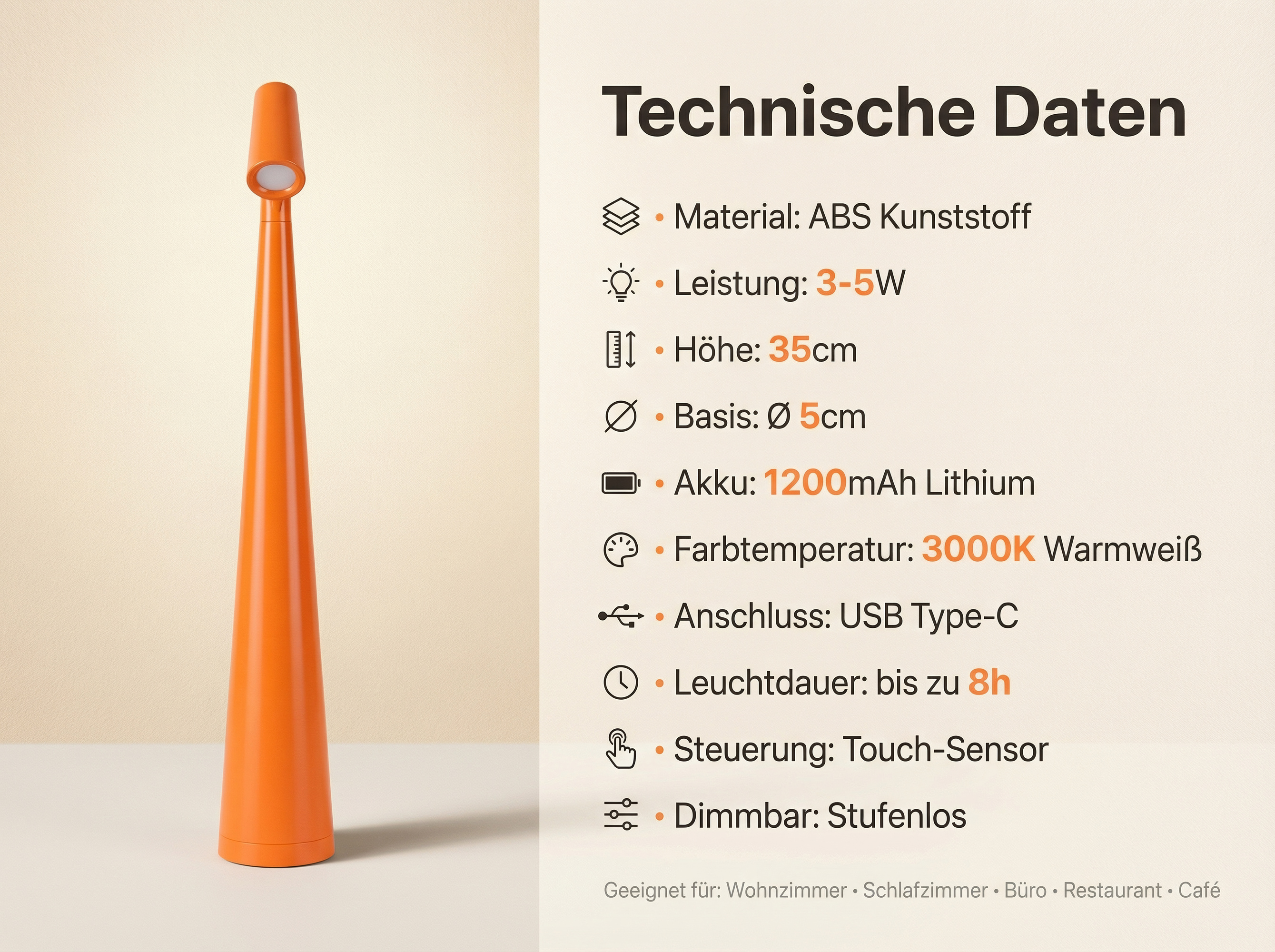 Eine schlanke, orangefarbene Lampe mit technischen Daten auf der rechten Seite.
