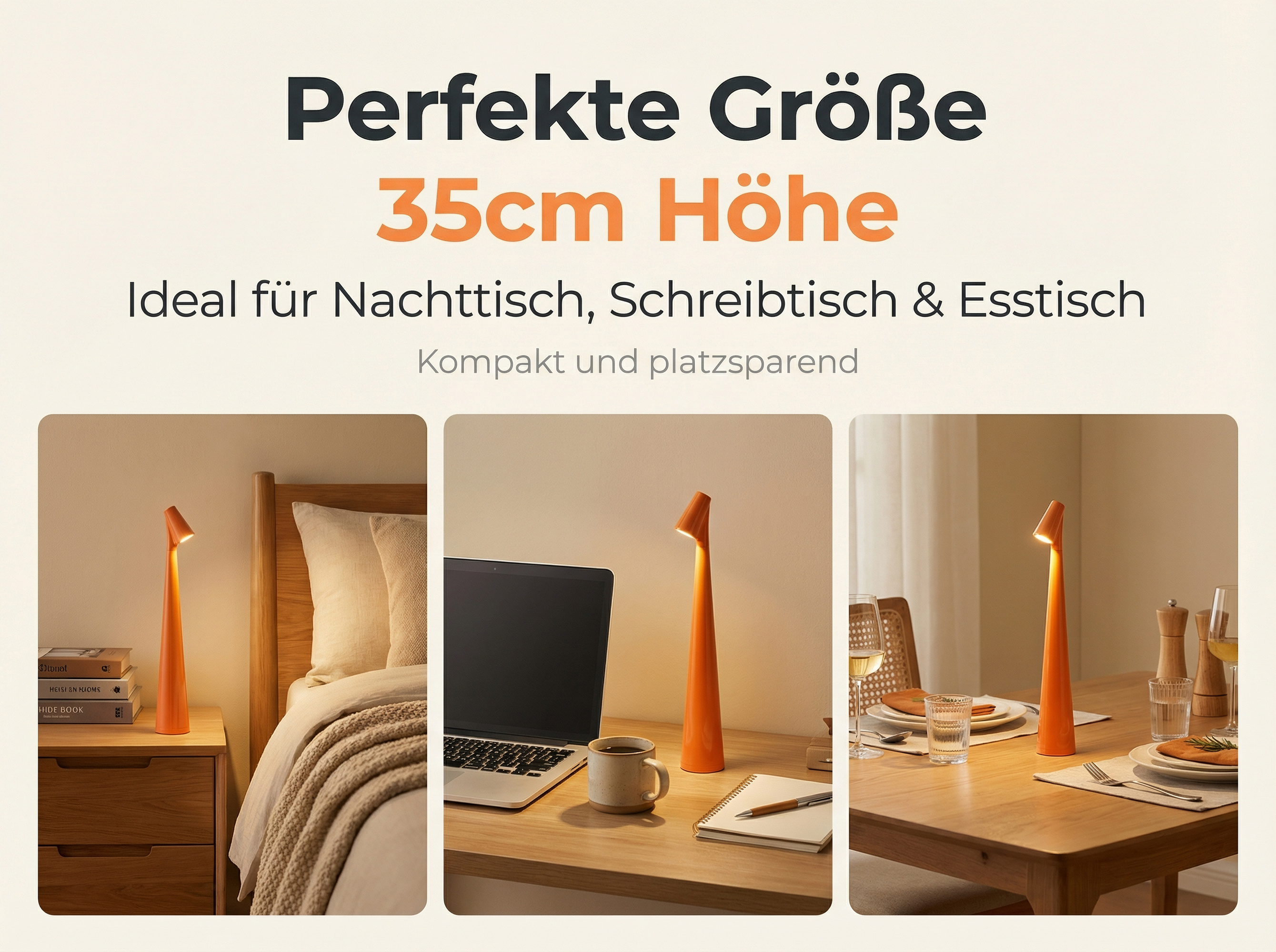 Ein orangefarbene Lampe steht neben einem Bett, auf einem Schreibtisch und am Esstisch.