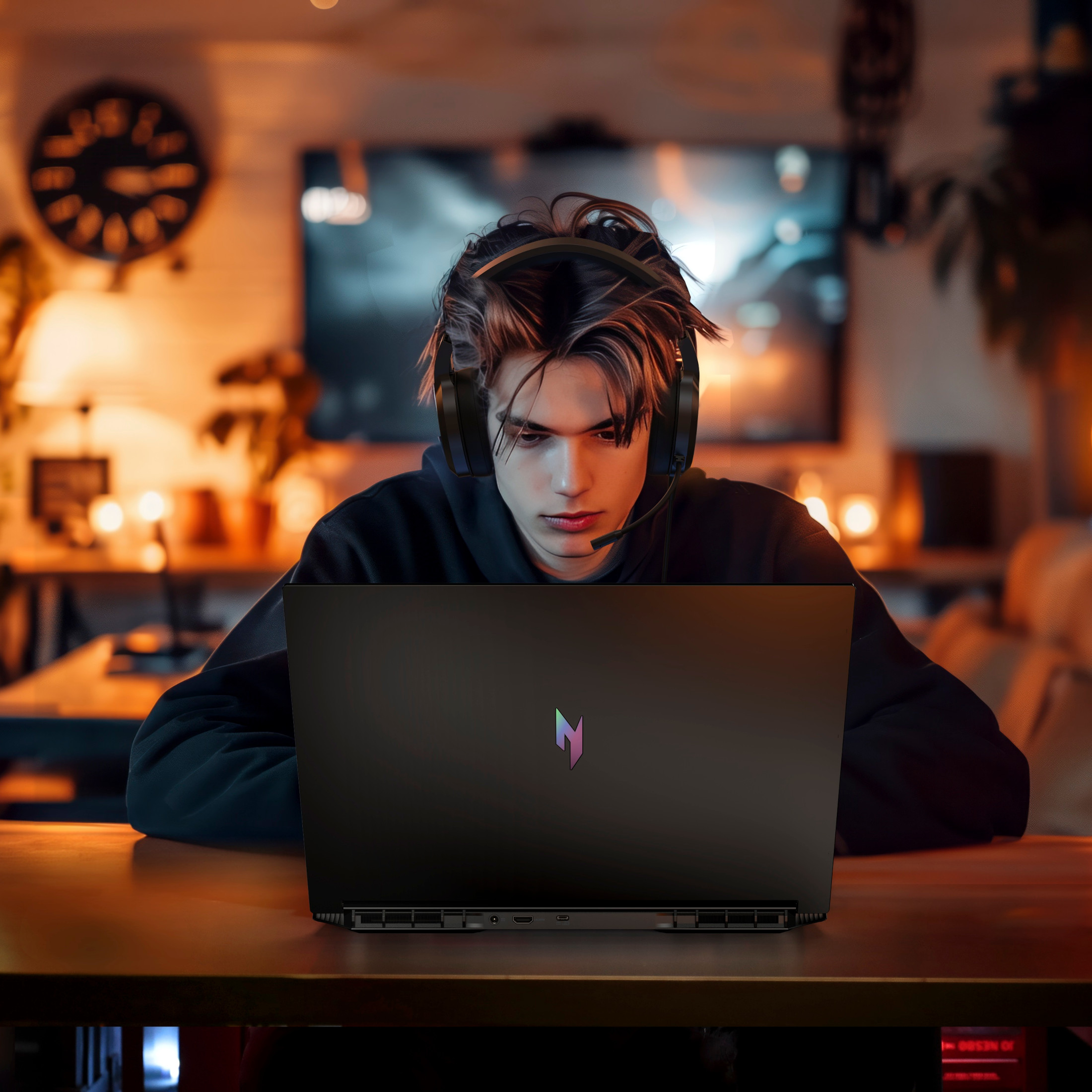 Ein junger Mann mit Kopfhörern spielt an einem Laptop in einem gemütlichen Raum.