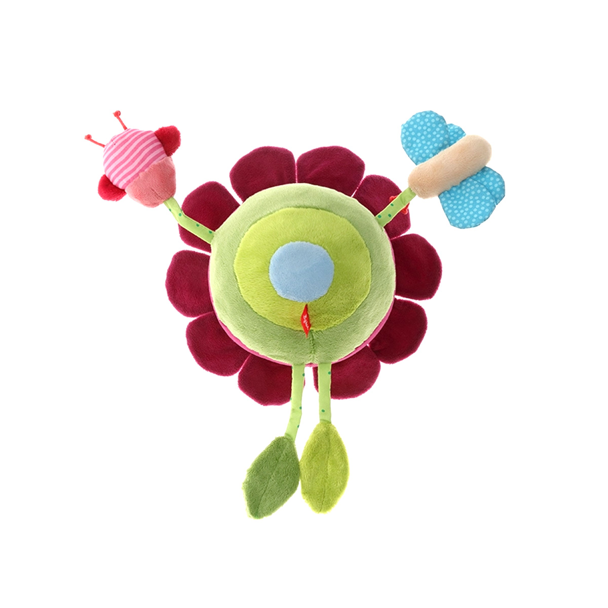 Un giocattolo fiore di peluche con un insetto a strisce rosa e una farfalla a pois.