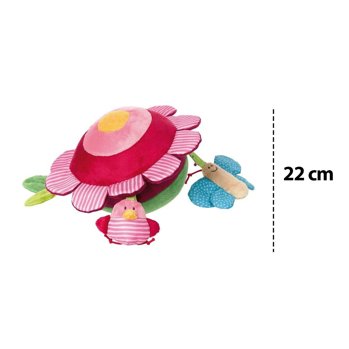 Peluche colorato: fiore con uccello e farfalla. Misura 22 cm.