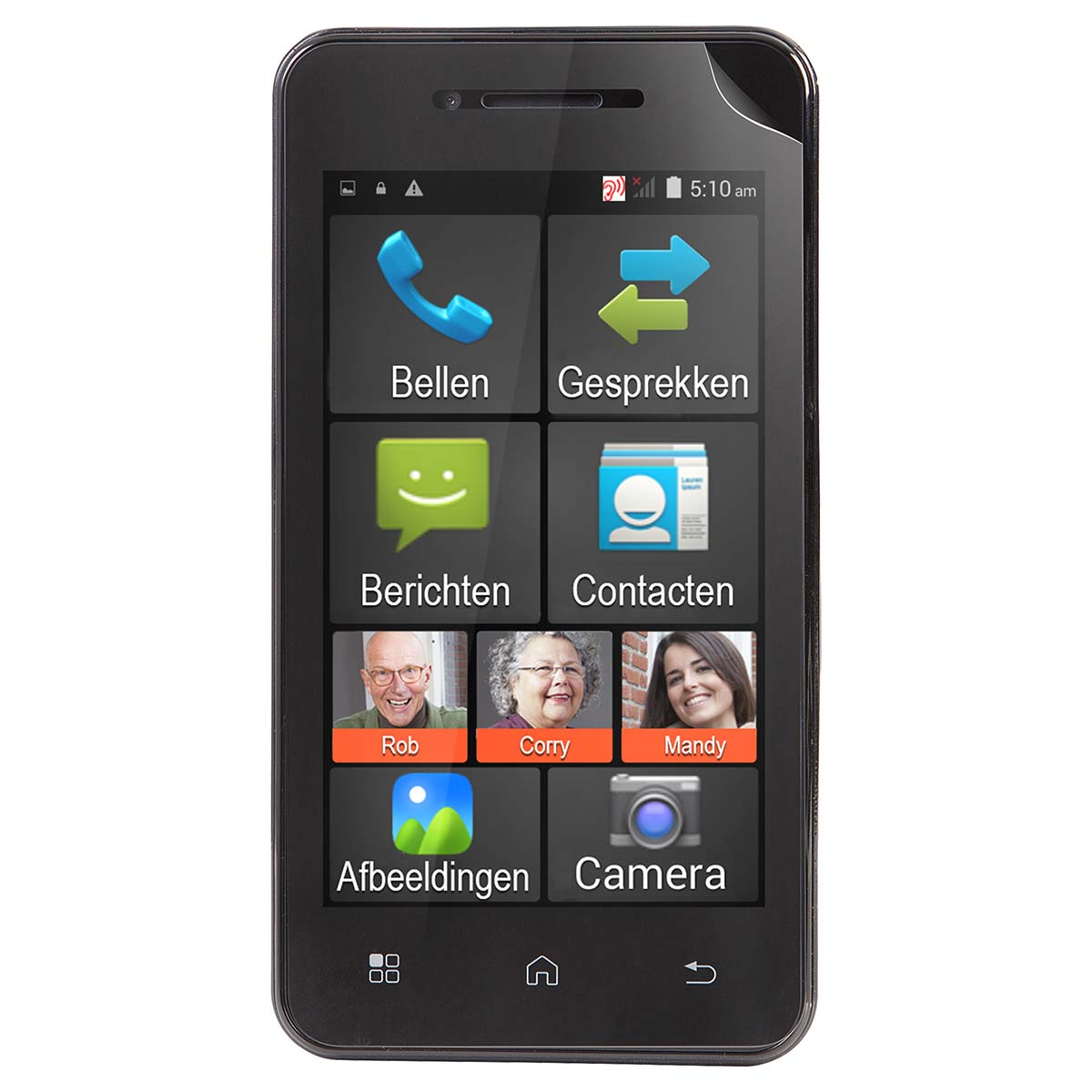 A smartphone with large icons for calls, messages, and contacts.