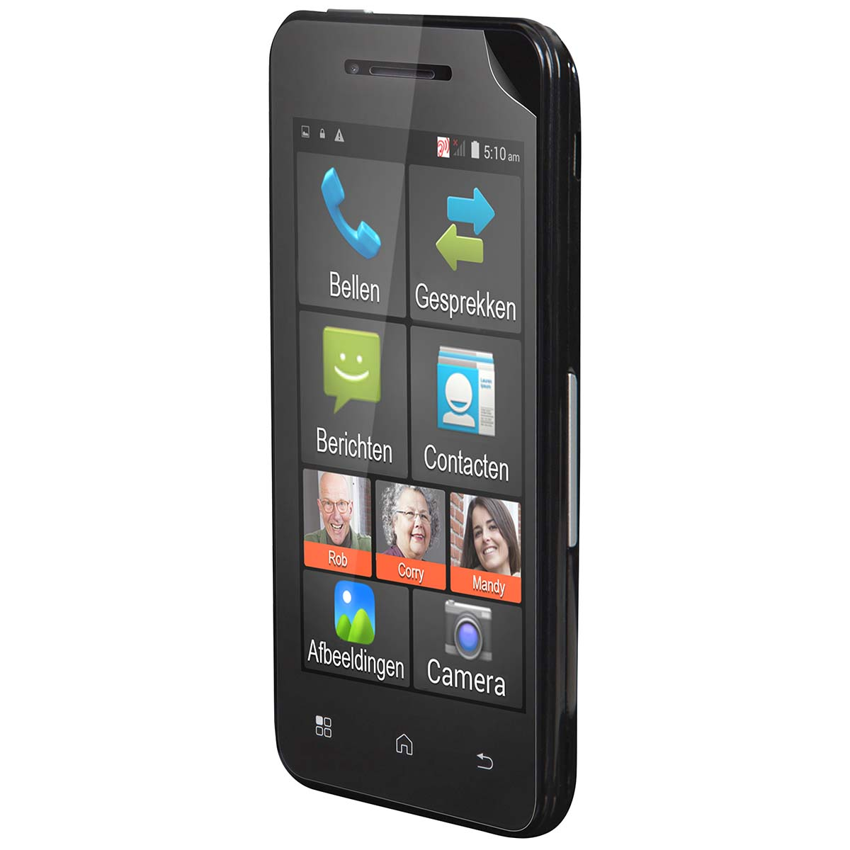 A smartphone displaying a main screen with apps like phone, messages, and camera.