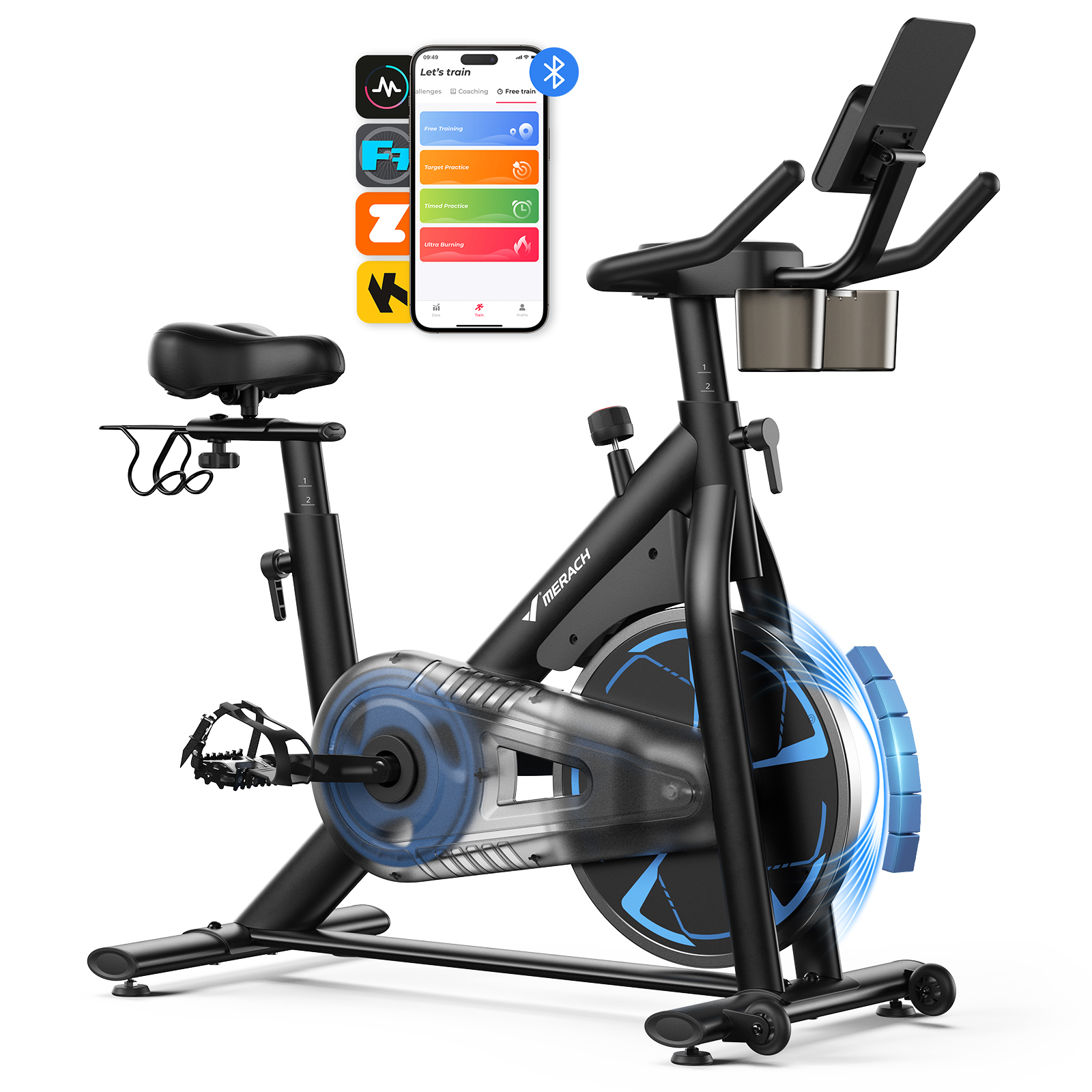 Ein schwarzes Fahrrad mit einem Smartphone, das Trainingsprogramme anzeigt.