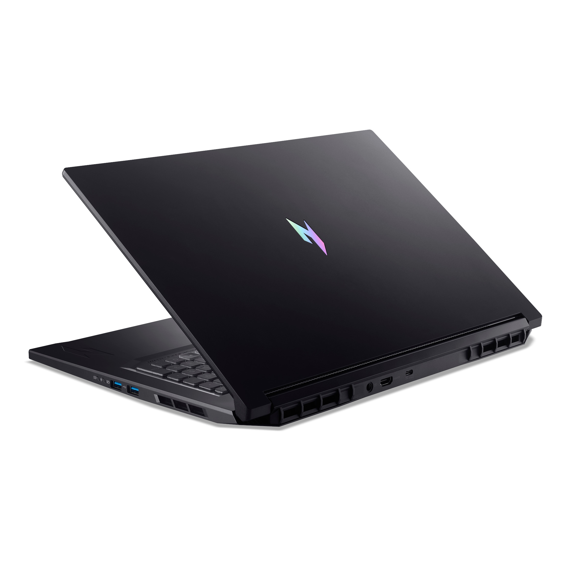 Schwarzer Laptop mit Regenbogen-Logo, geöffnet auf weißem Hintergrund.