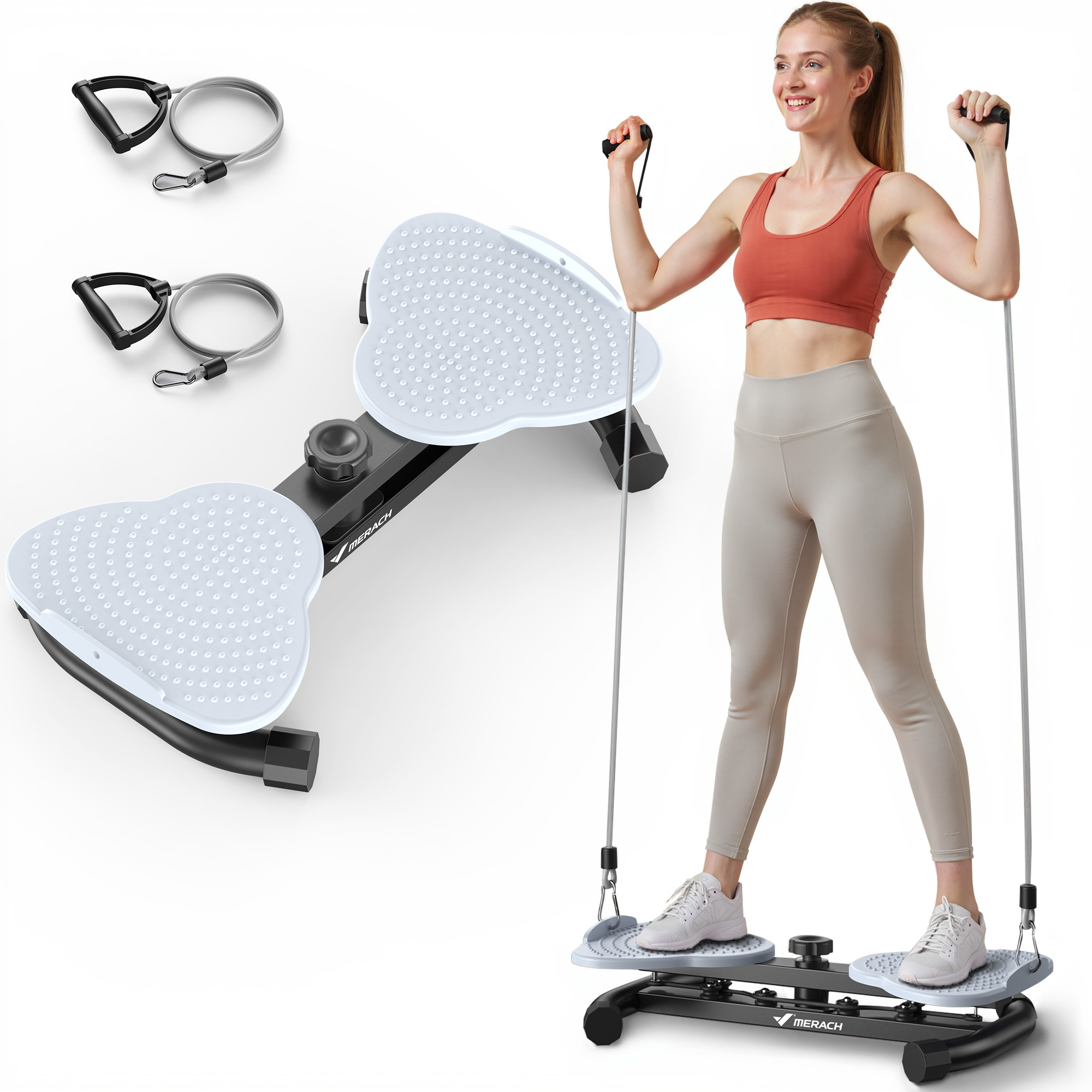 Frau trainiert mit einem Heimtrainer mit Widerstandsbändern.
