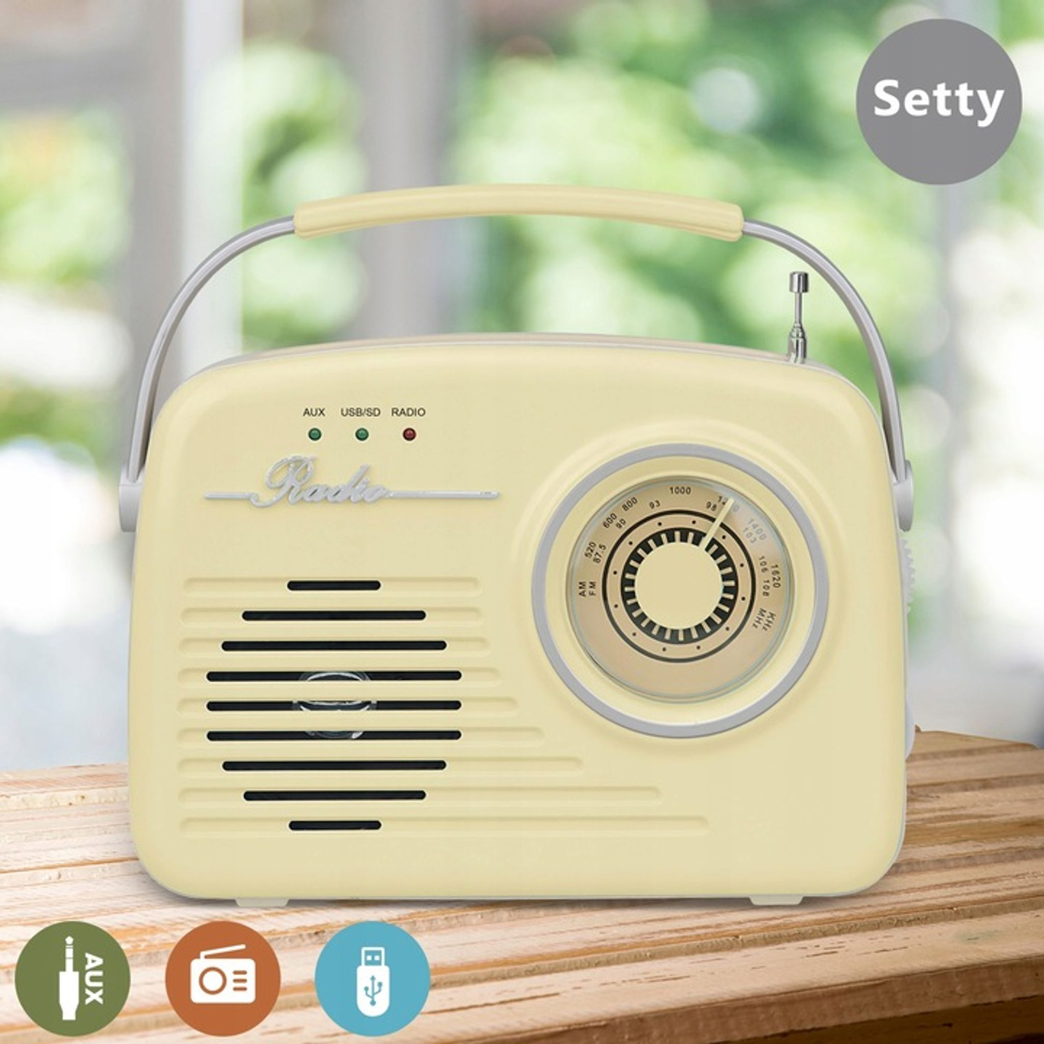 Żółte radio retro ze srebrnym uchwytem i pokrętłem strojenia.