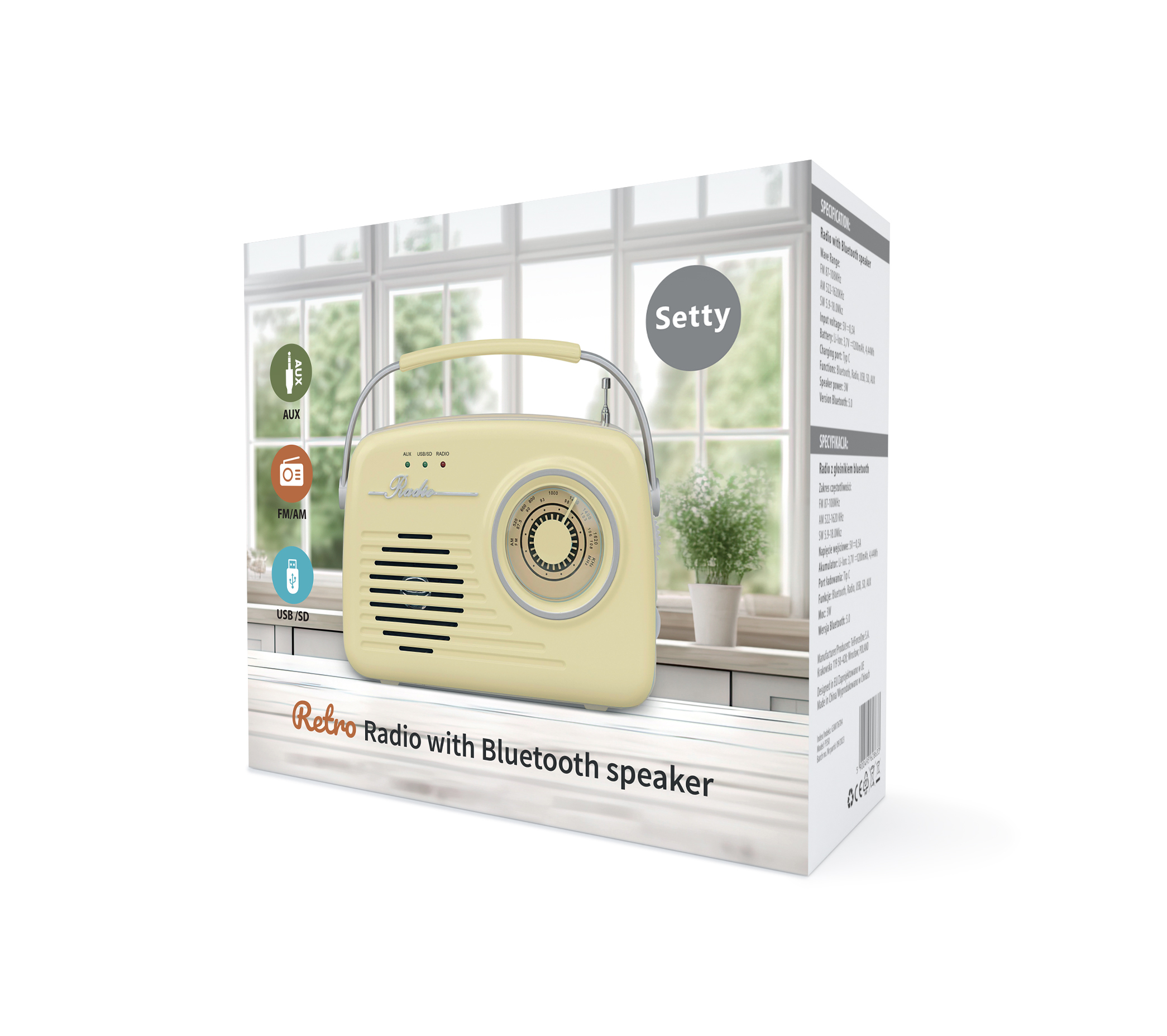 Kremowy, retro radioodtwarzacz Bluetooth z srebrną rączką stoi na drewnianej powierzchni.